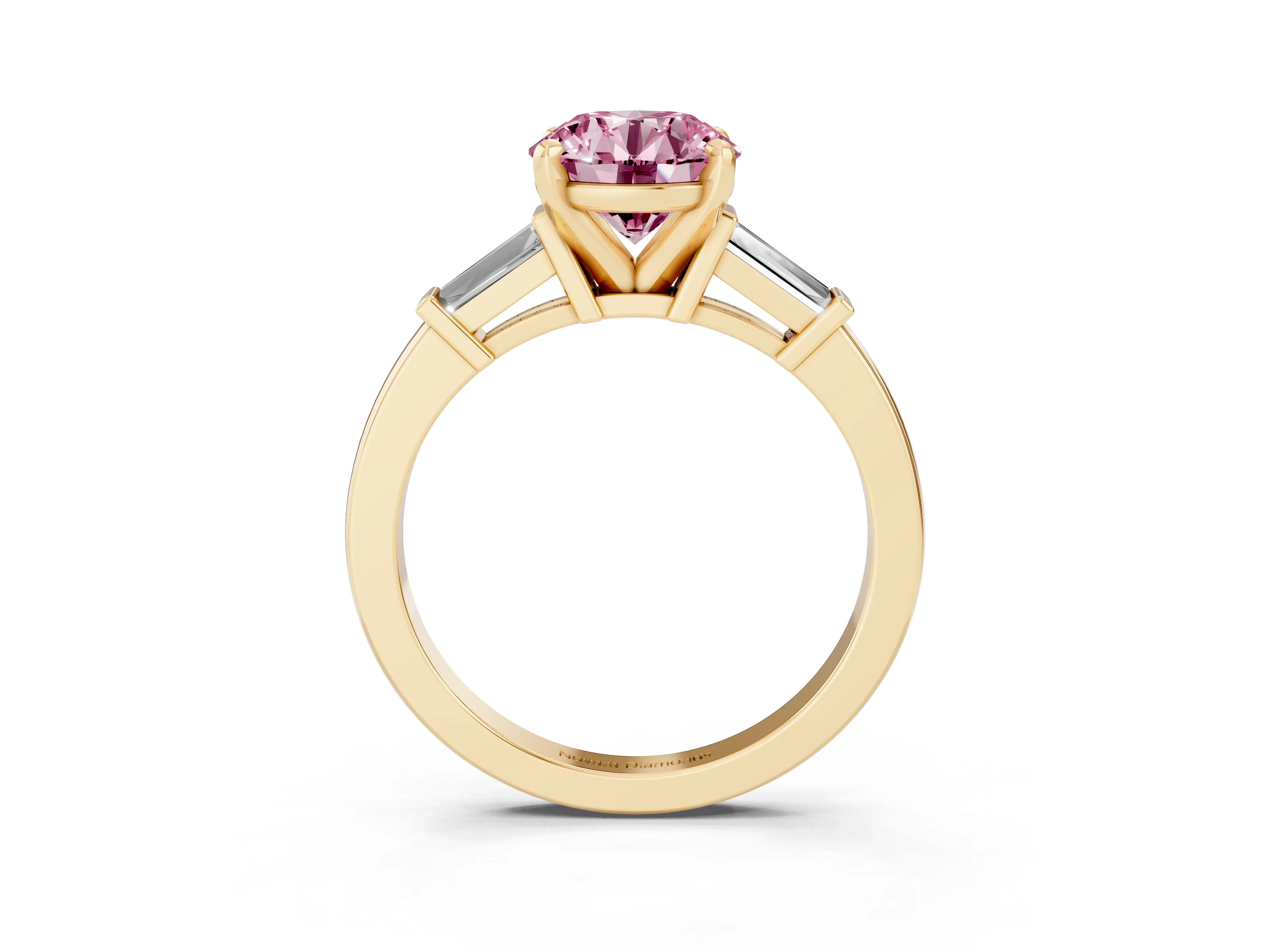 Fancy Pink Round Cut Diamond Solitaire Ring Set in Yellow gold with Tapered Baguette Accents and Prong Setting