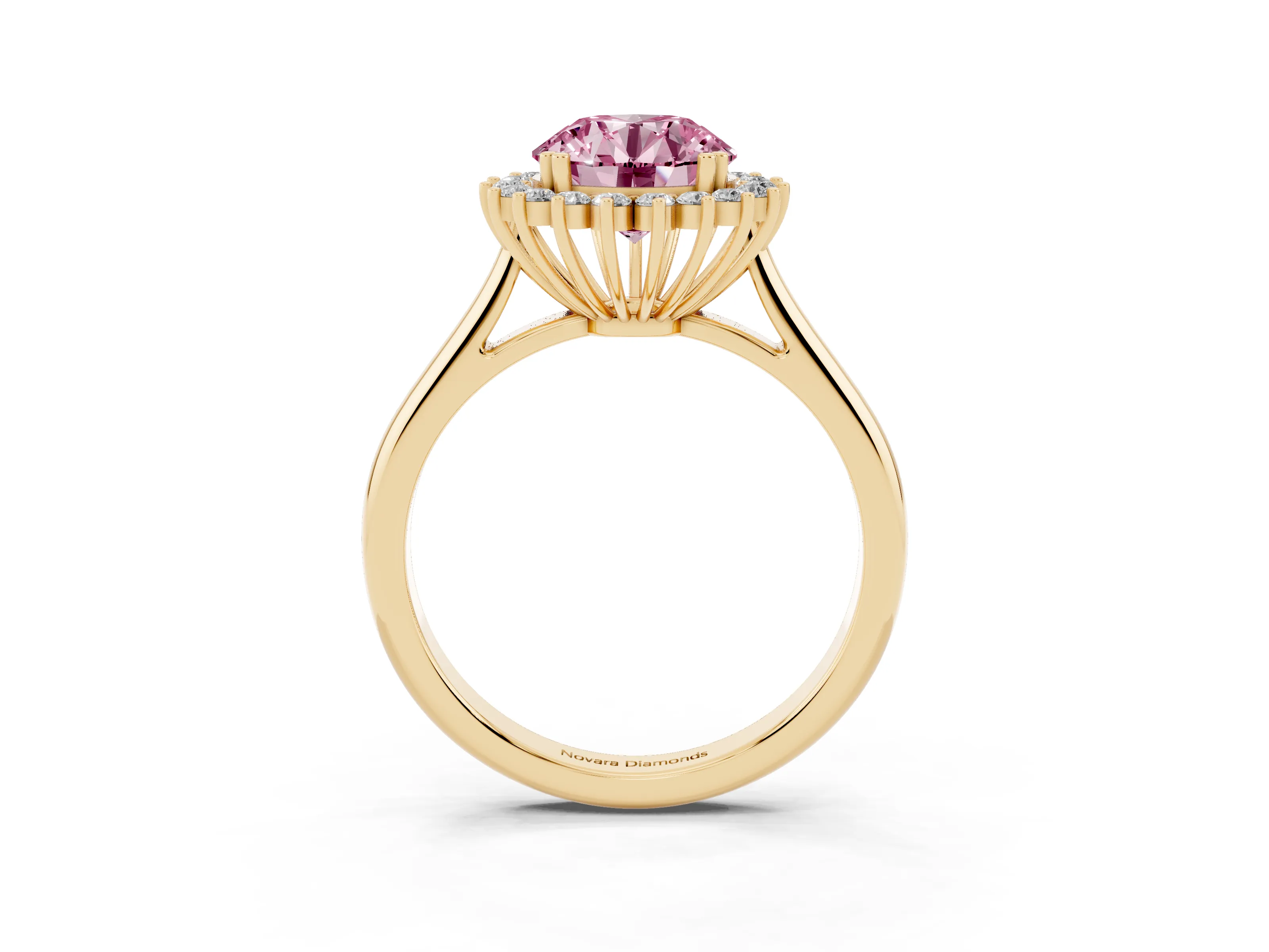 Fancy Pink Round Cut Diamond Halo Ring Set in Yellow gold with Plain Solitaire Band and Prong Setting