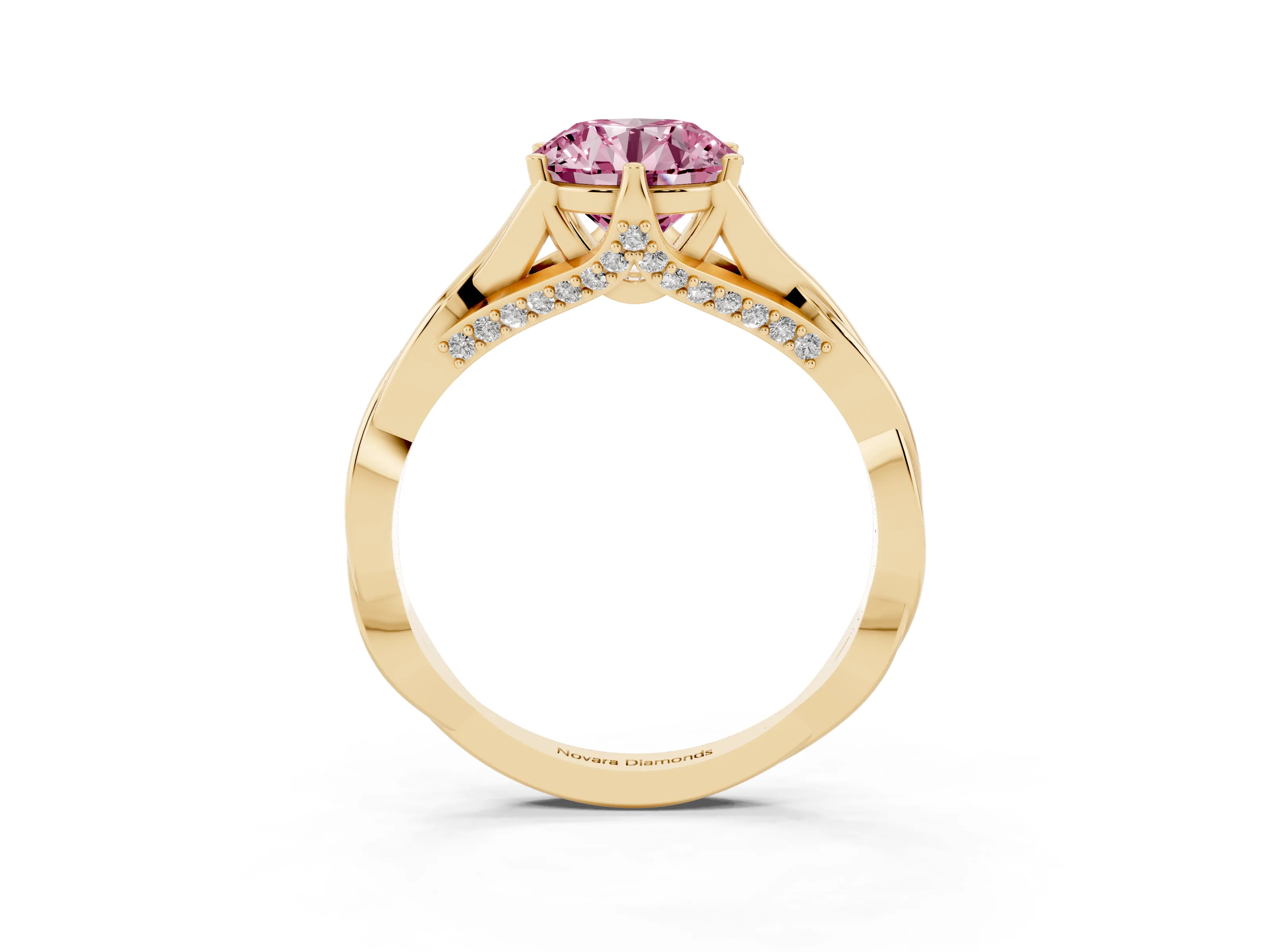 Fancy Pink Round Cut Diamond Intertwined Twist Band Solitaire Ring Set in Yellow gold with Prong Setting