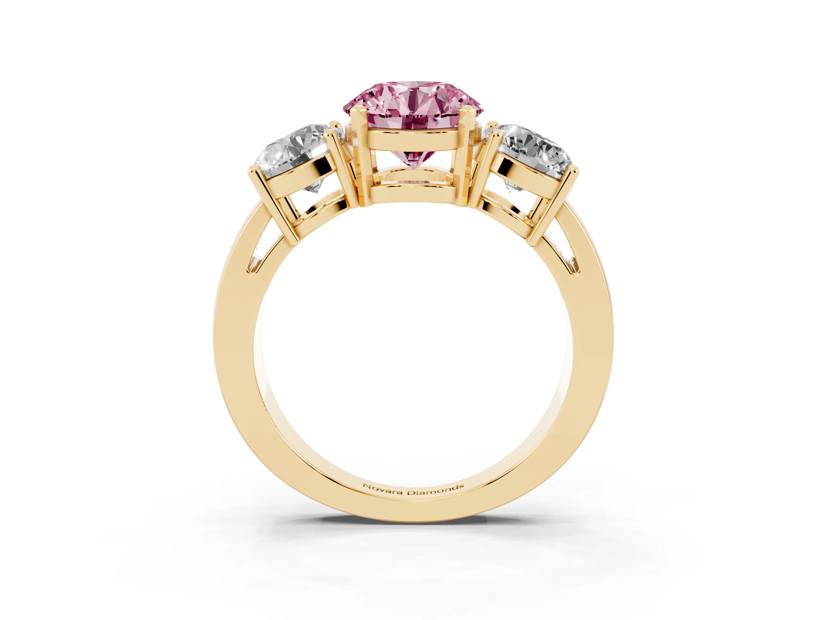 Fancy Pink Round Cut Diamond Three-Stone Ring Set in Yellow gold with Round Side Stones and Classic Band