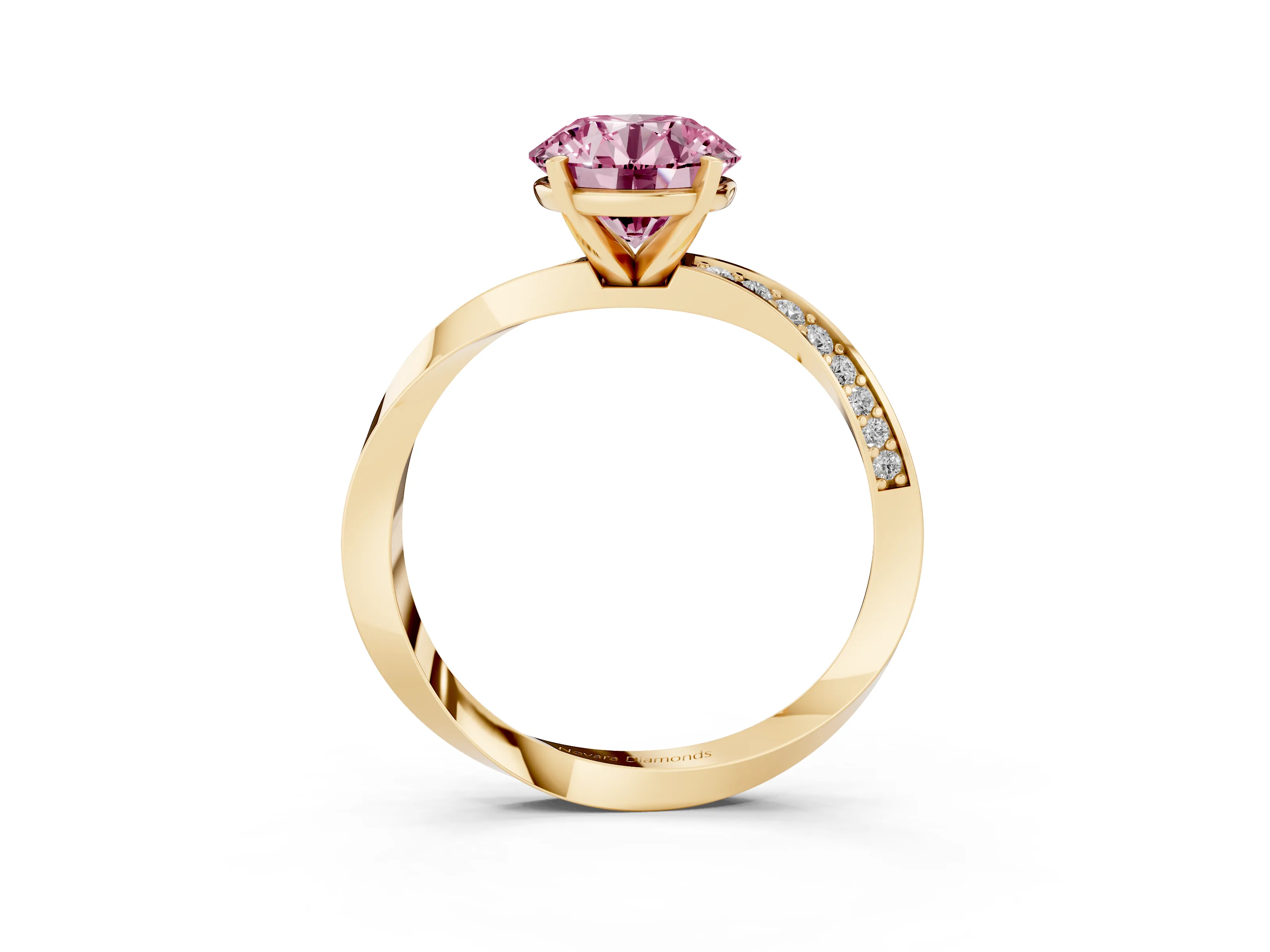 Fancy Pink Round Cut Diamond Engagement Ring Set in Yellow gold with Side Stone Accents and Prong Setting