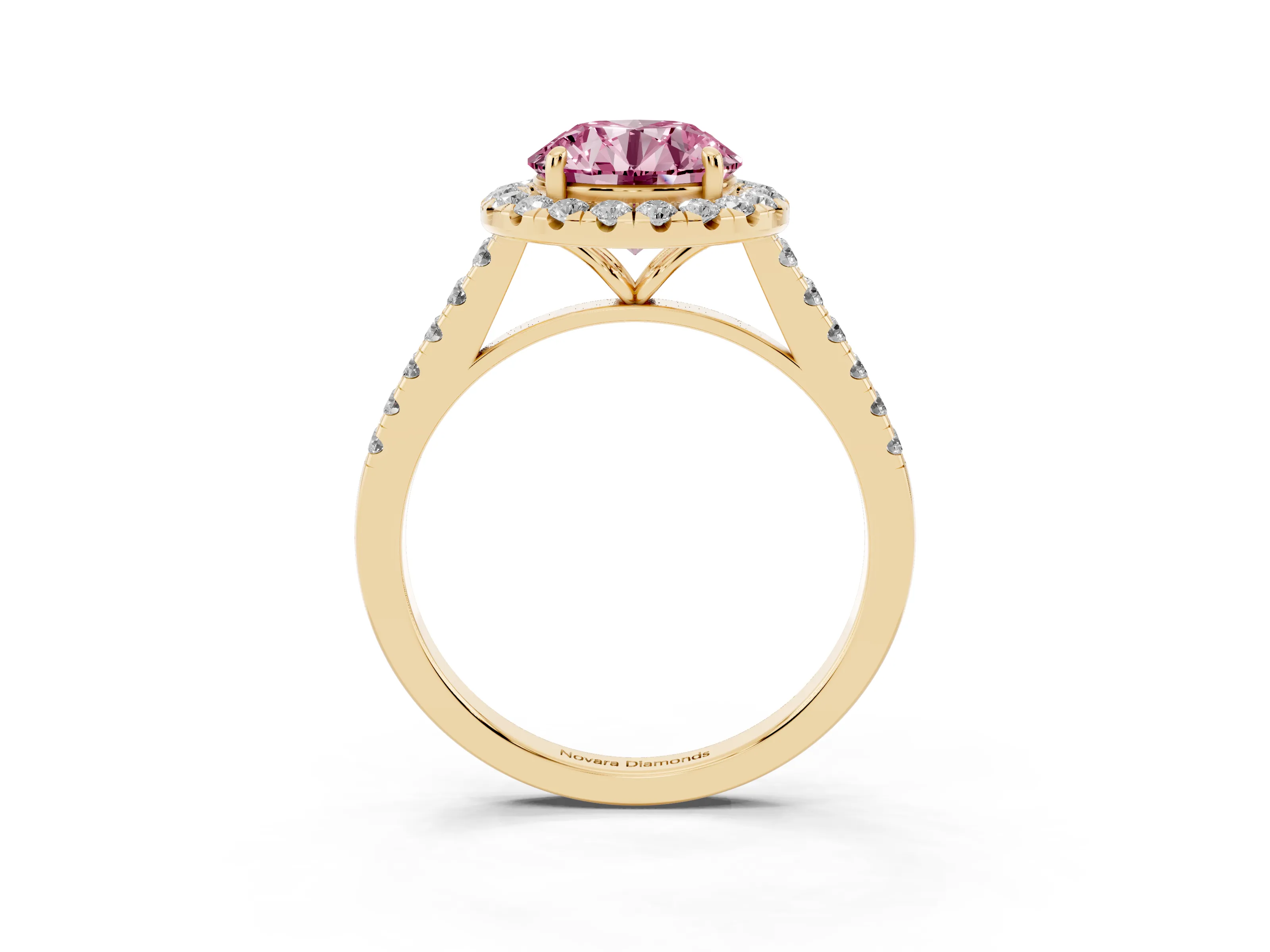 Fancy Pink Round Cut Diamond Halo Pavé Engagement Ring Set in Yellow gold with Prong Setting