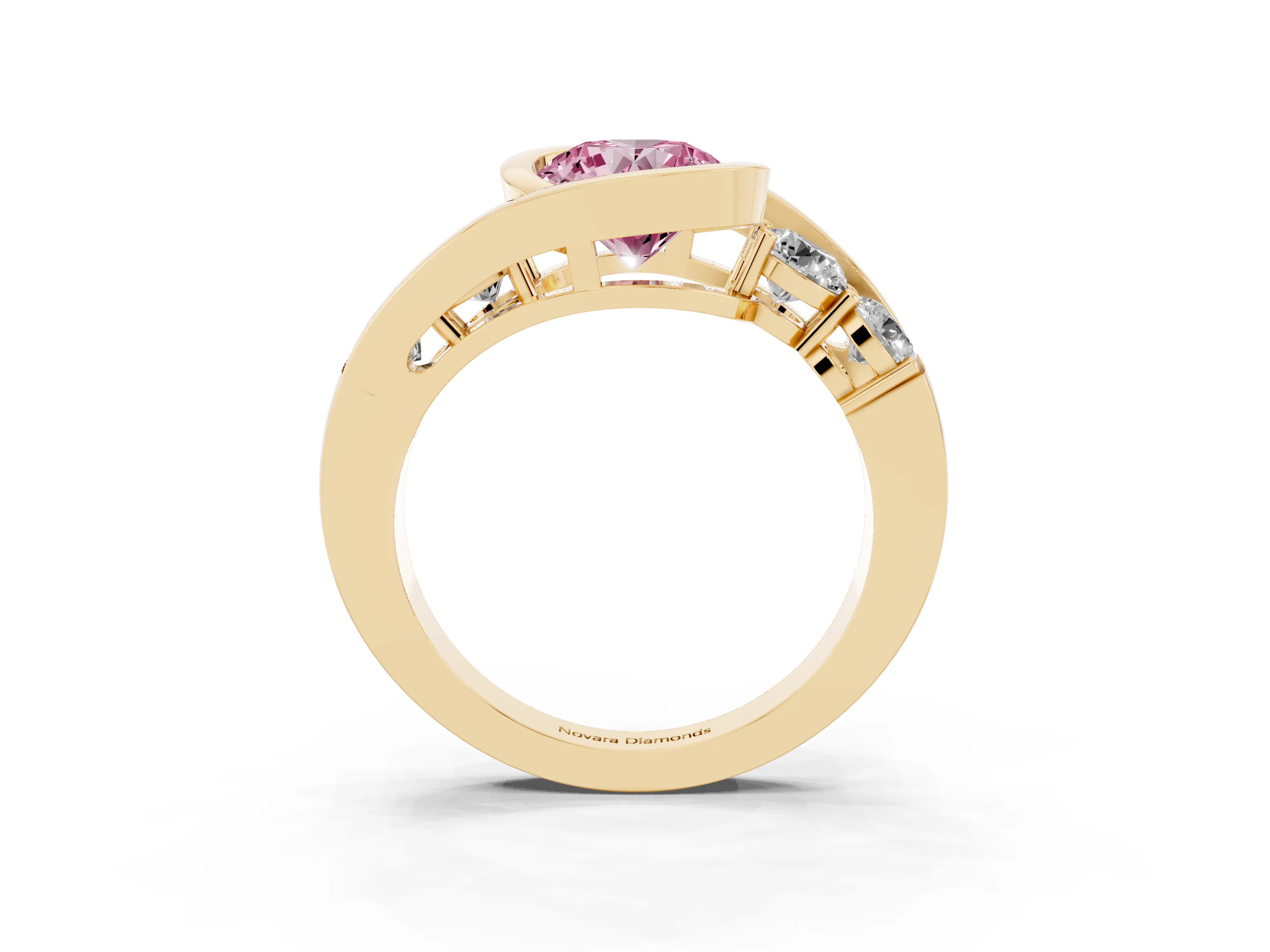 Fancy Pink Round Cut Diamond Bezel Bypass Ring Set in Yellow gold with Round Accents