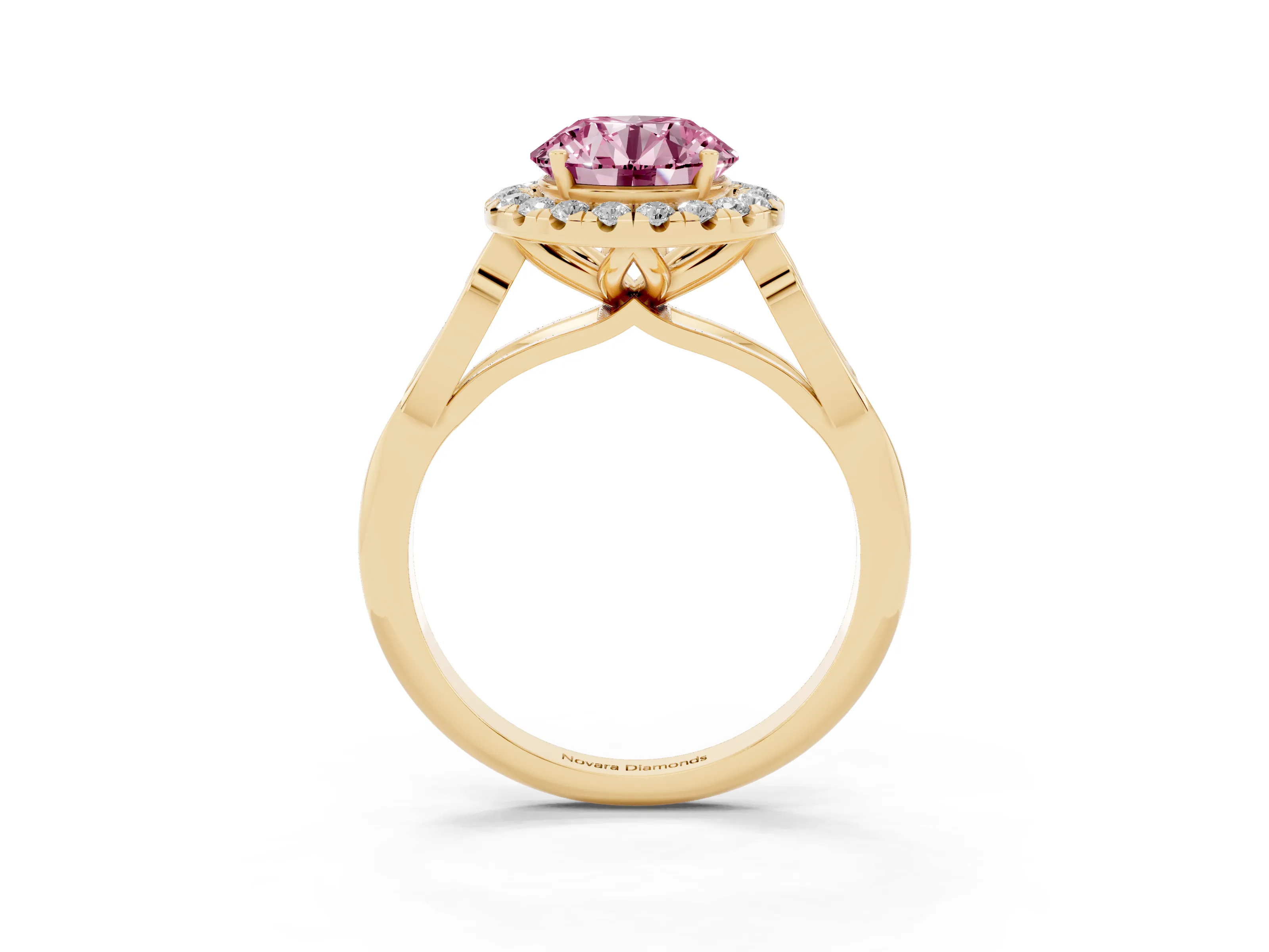 Fancy Pink Round Cut Diamond Halo Engagement Ring Set in Yellow gold with Filigree Band and Prong-Set Center