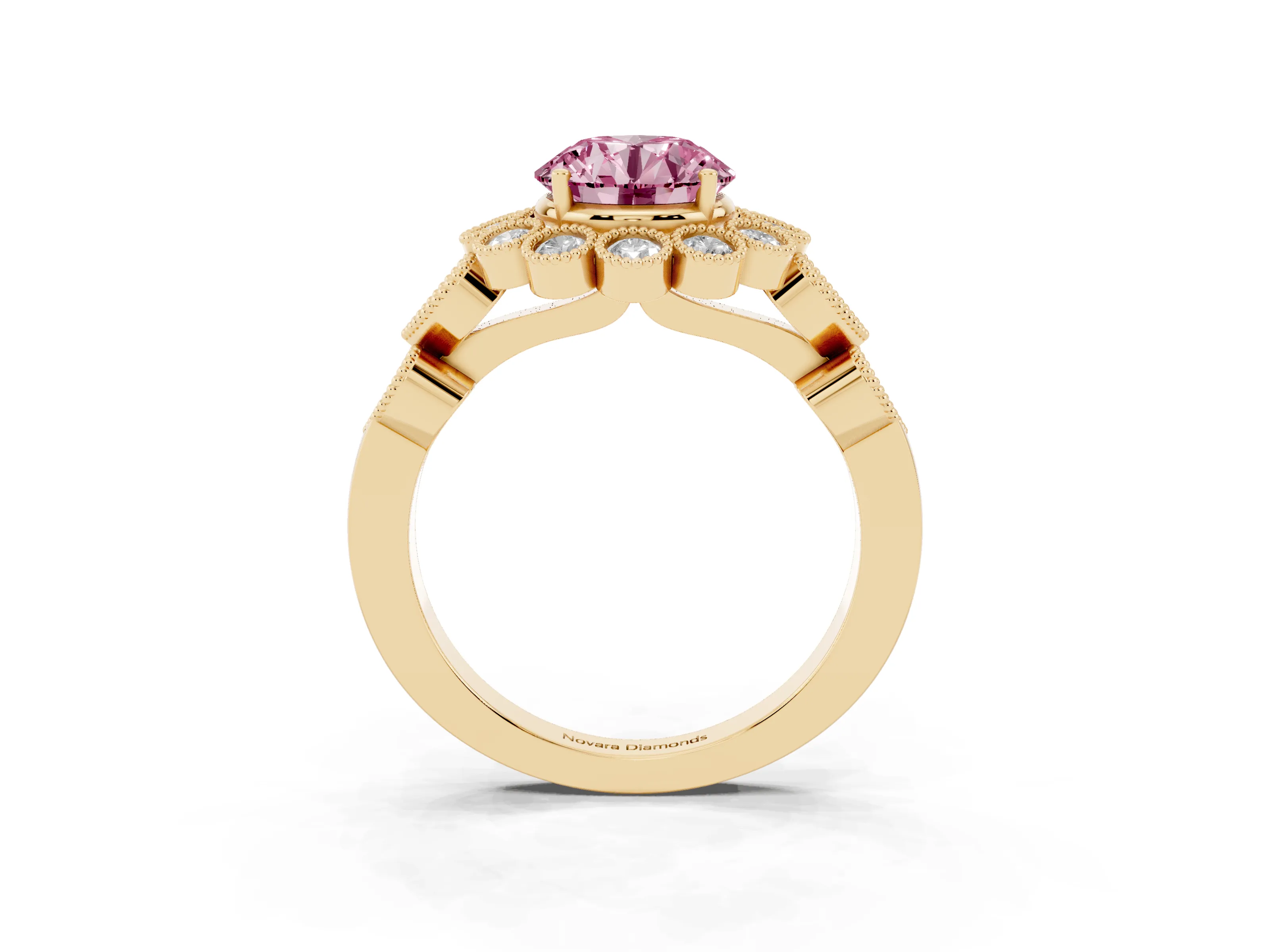 Fancy Pink Round Cut Diamond Solitaire Ring Set in Yellow gold with Milgrain Pavé Heart Band