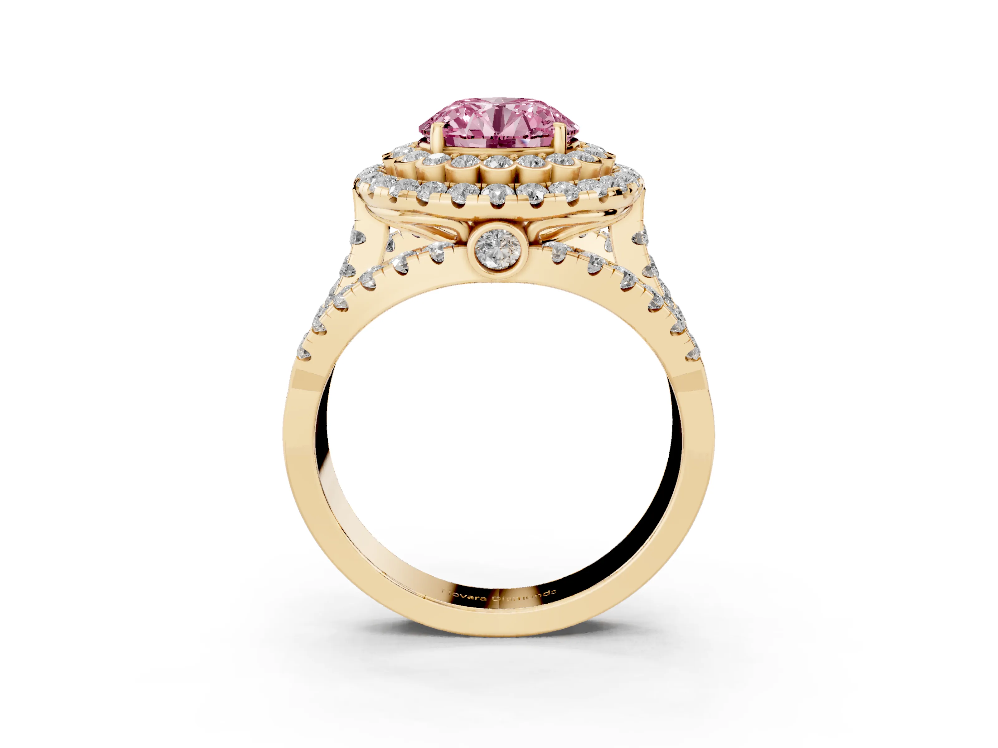 Fancy Pink Round Cut Diamond Double Halo Ring Set in Yellow gold with Round Pavé Split Shank