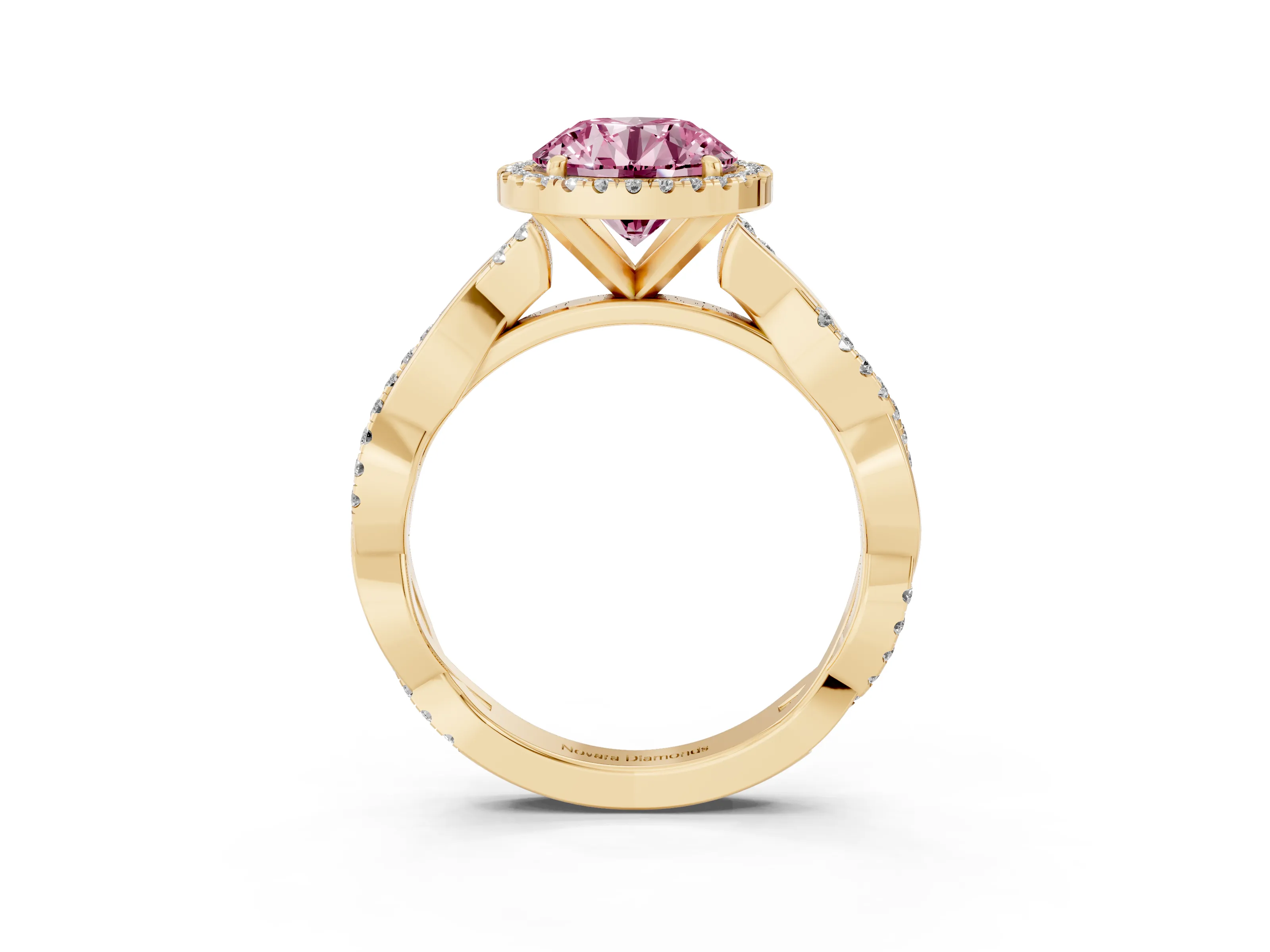 Fancy Pink Round Cut Diamond Halo Twisted Band Ring Set in Yellow gold with Prong Setting
