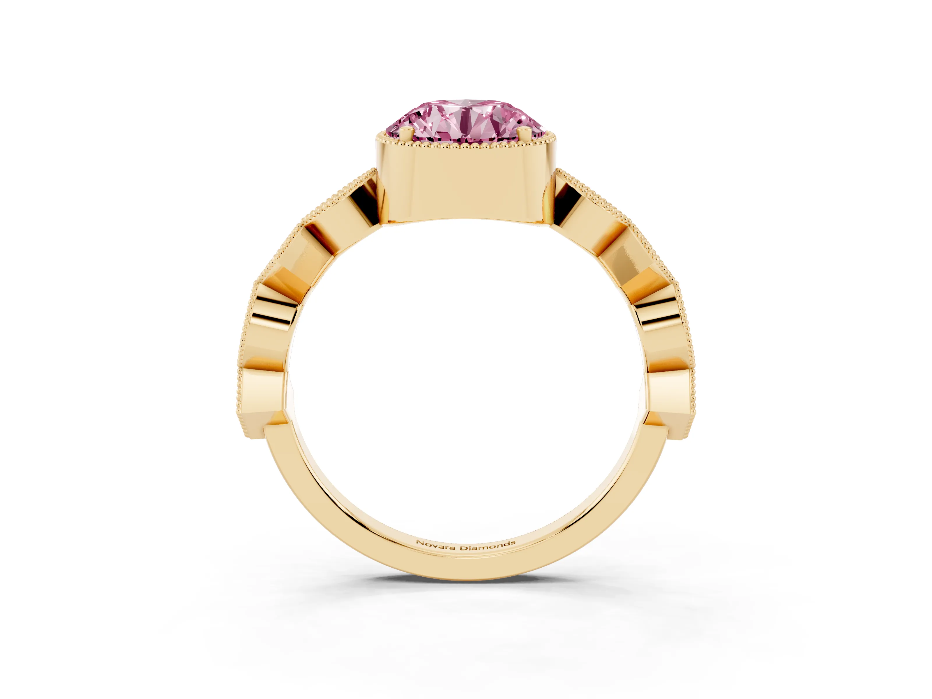 Fancy Pink Round Cut Diamond Milgrain Marquise Twist Band Ring Set in Yellow gold with Prong Setting