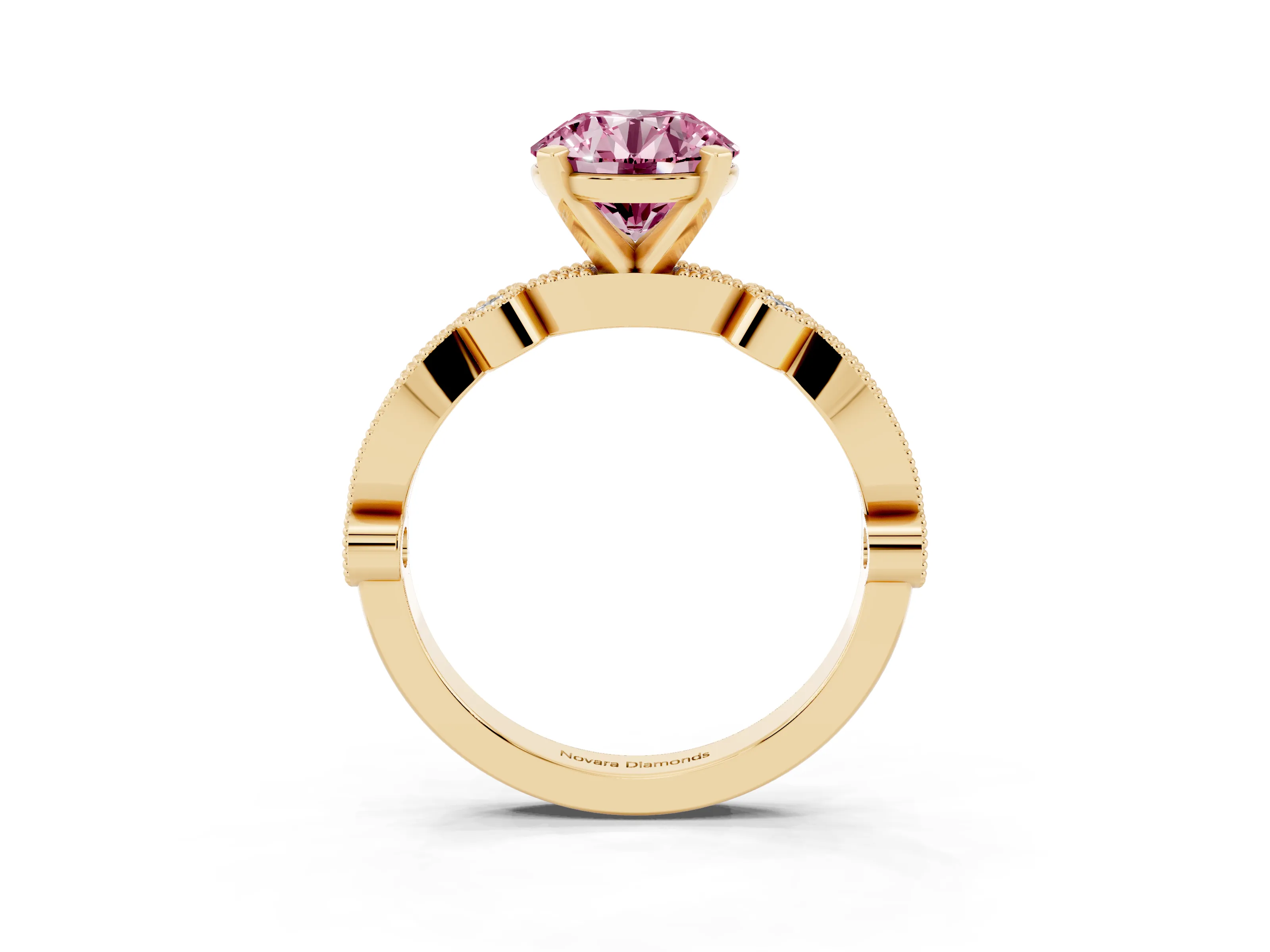 Fancy Pink Round Cut Diamond Solitaire Engagement Ring Set in Yellow gold with Milgrain Bezel Accent Band