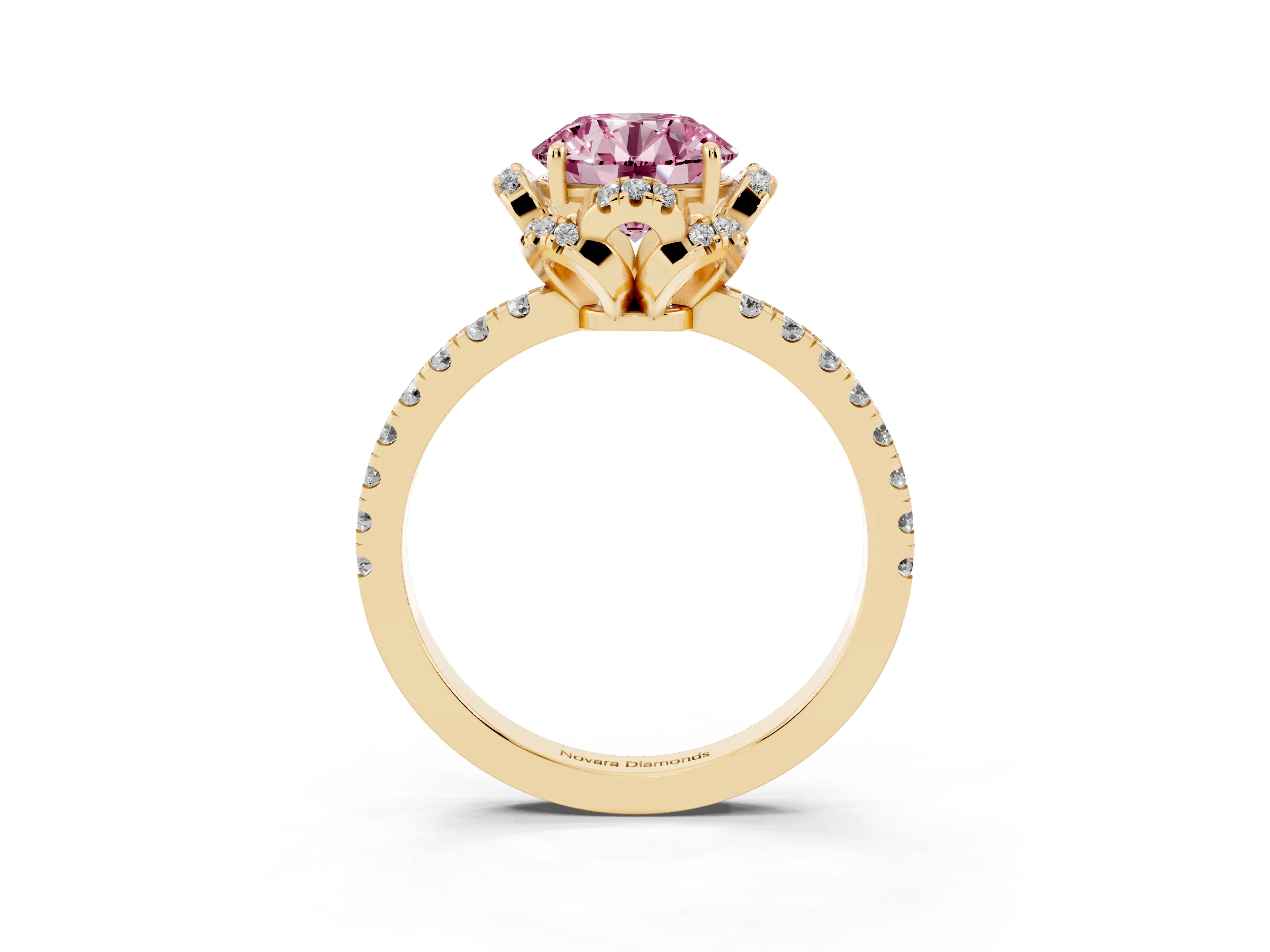 Fancy Pink Round Cut Diamond Halo Pavé Band Ring Set in Yellow gold with Prong-Held Center