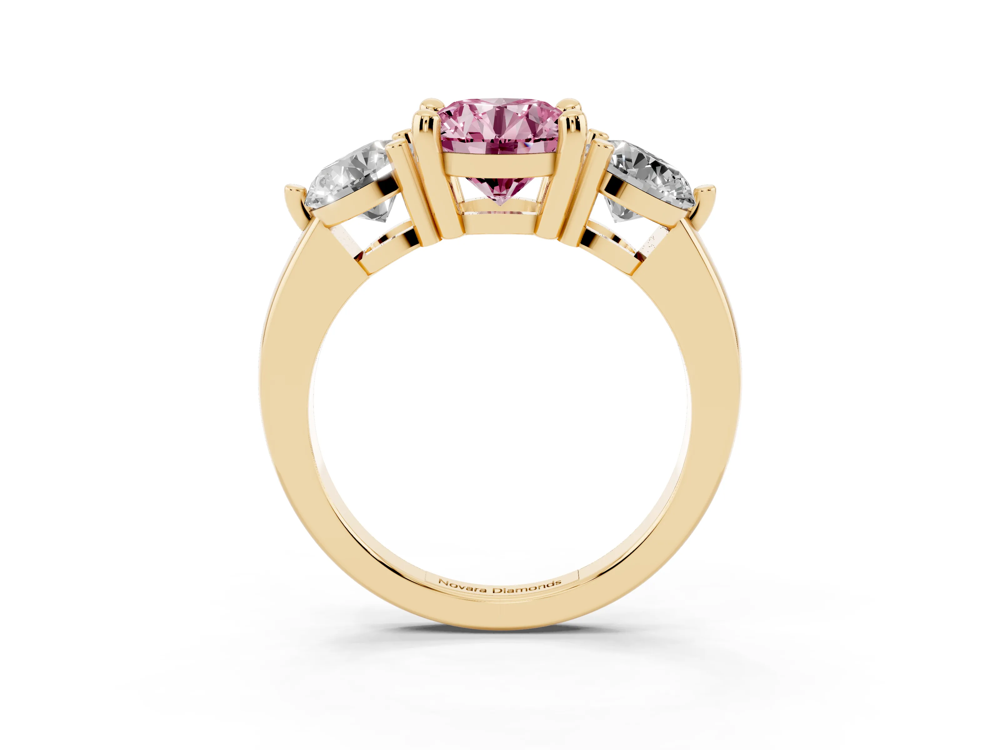 Fancy Pink Round Cut Diamond Three-Stone Ring Set in Yellow gold with Prong Setting and Classic Band