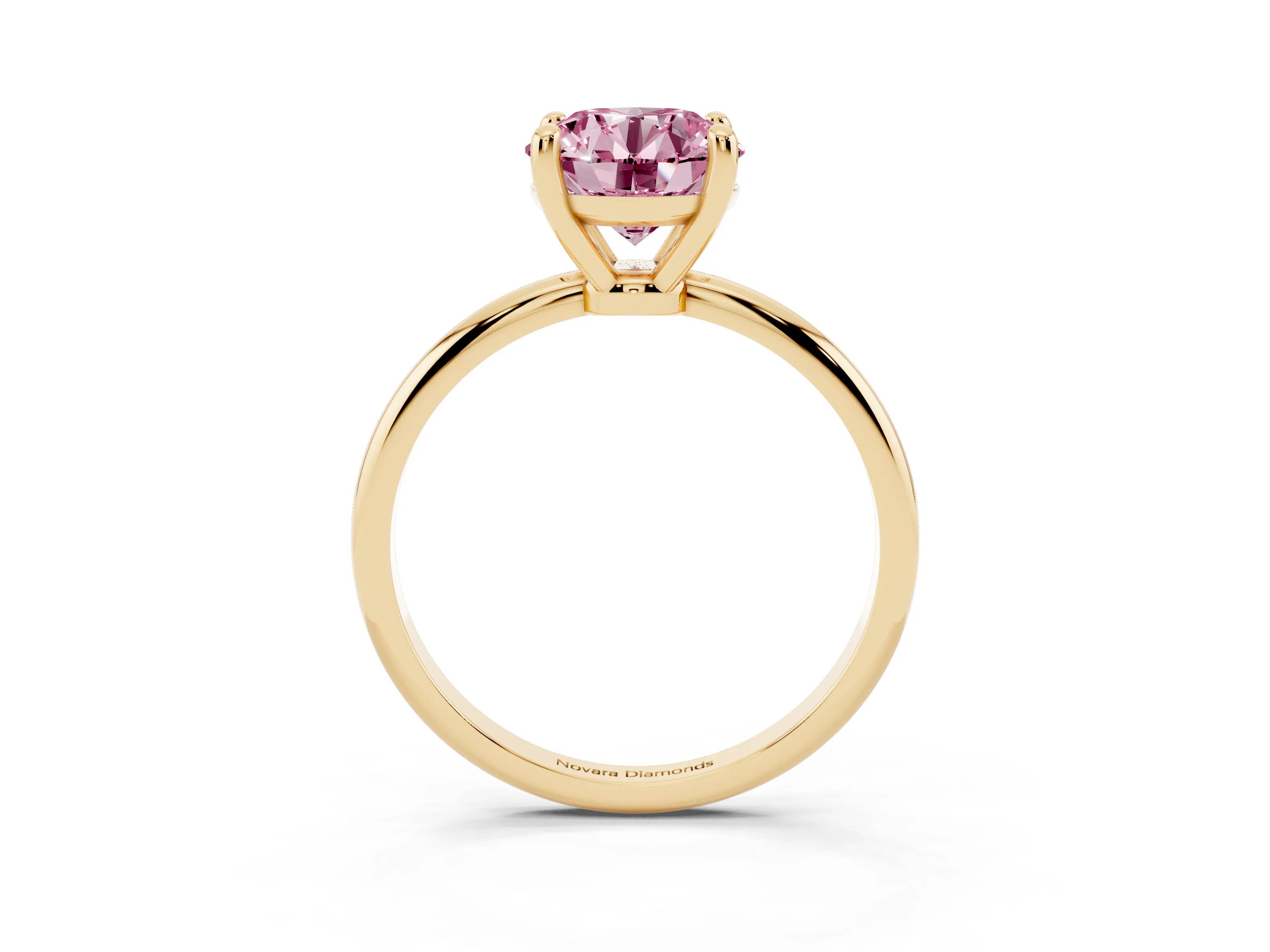 Fancy Pink Round Cut Diamond Solitaire Ring Set in Yellow gold with Secure Prong Setting on a Classic Band
