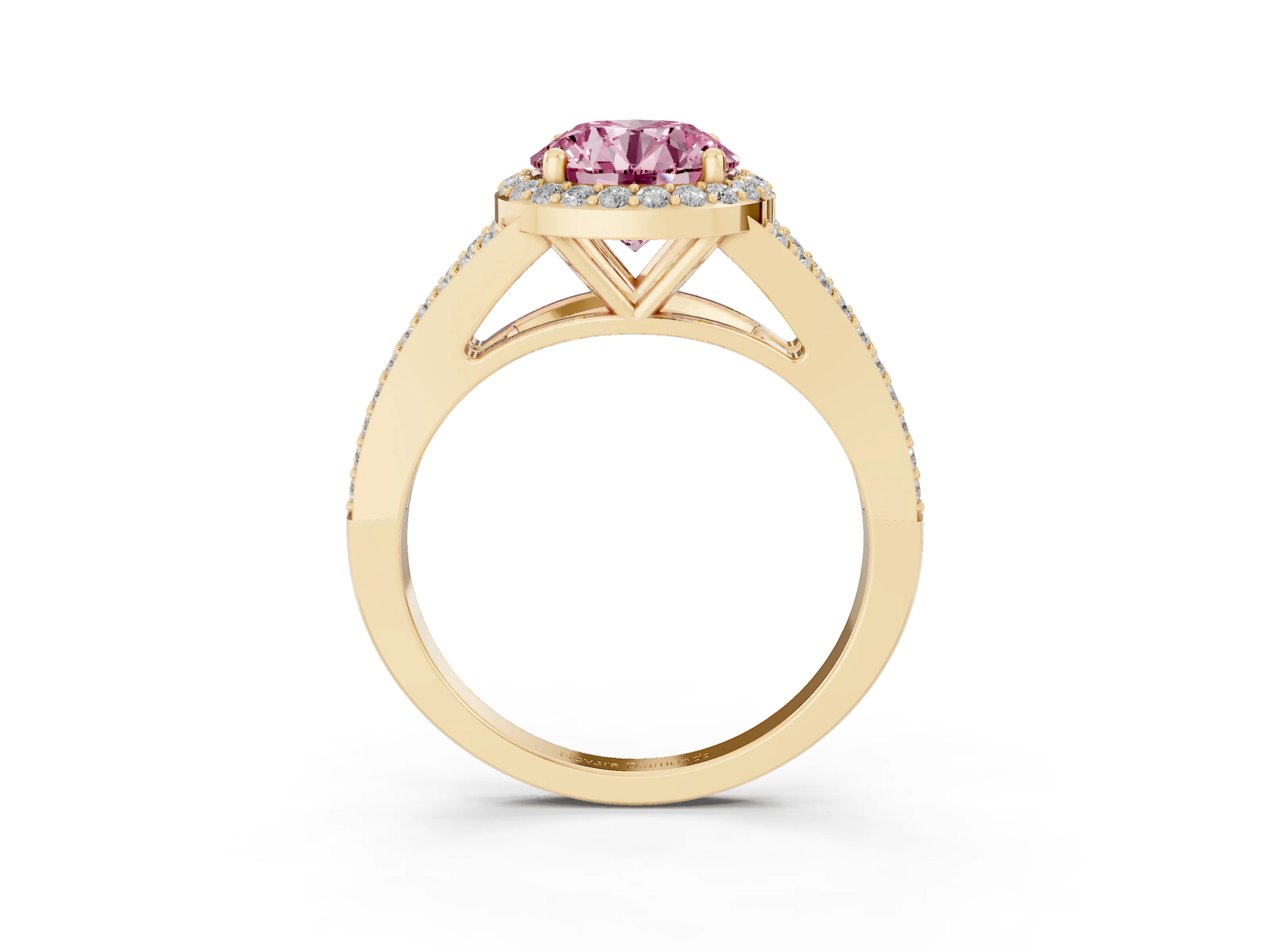 Fancy Pink Round Cut Diamond Halo Split Shank Pavé Ring Set in Yellow gold with Prong Setting