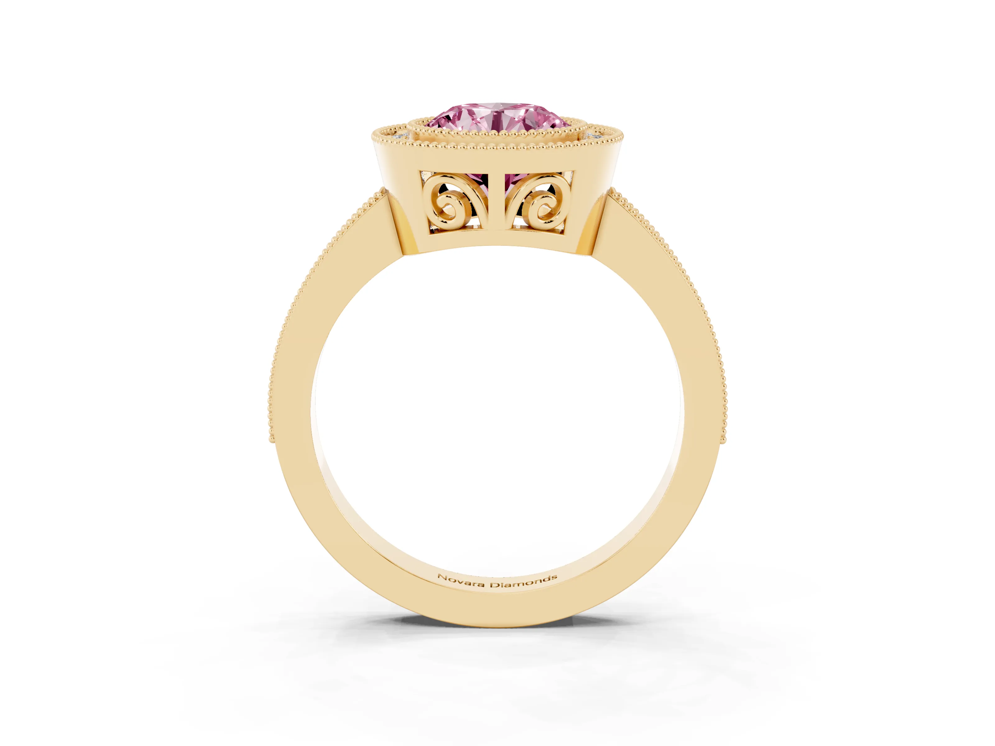 Fancy Pink Round Cut Diamond Round Halo Ring Set in Yellow gold with Pavé Band