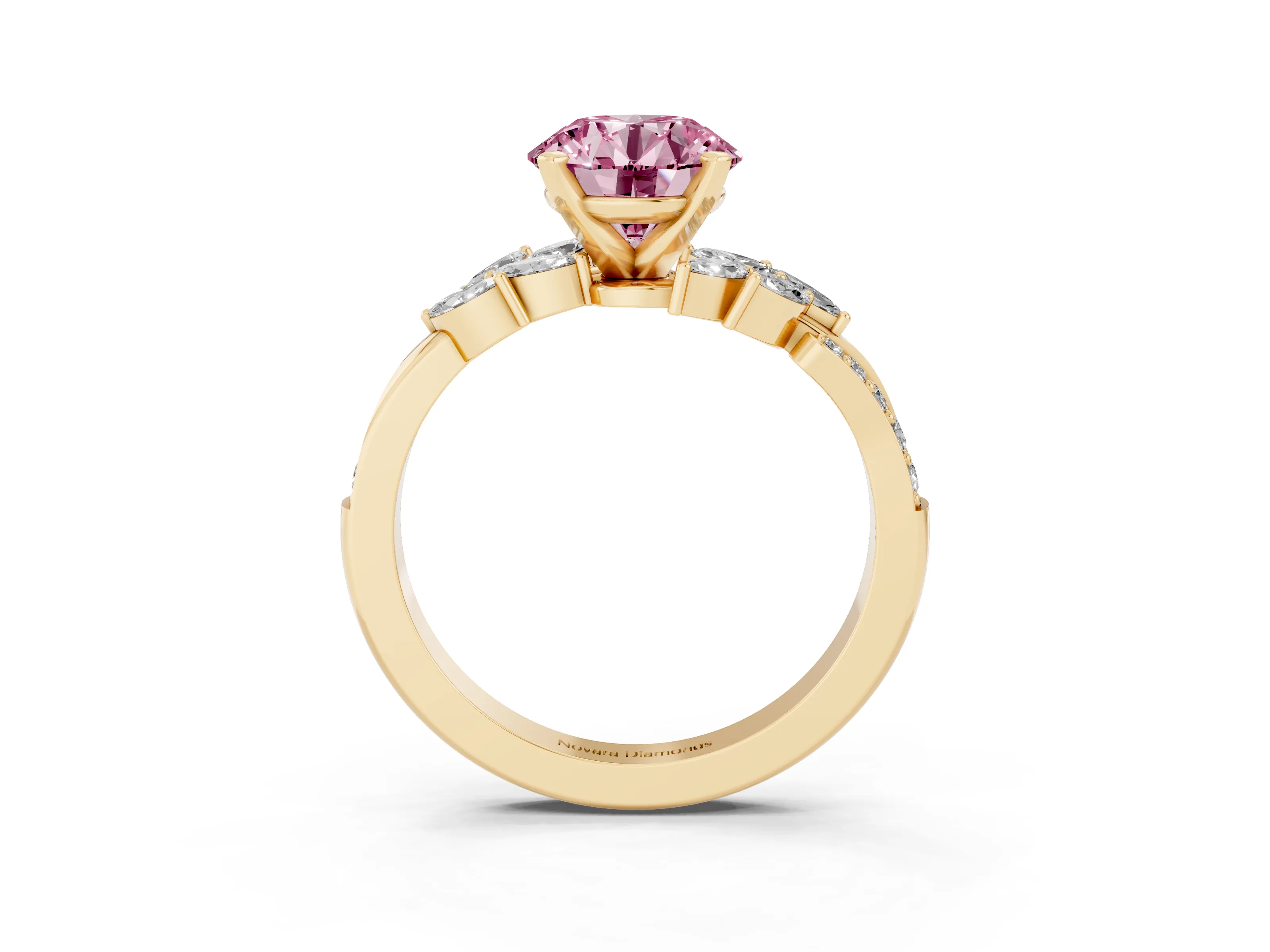 Fancy Pink Round Cut Diamond Solitaire Ring Set in Yellow gold with Marquise Twist Band and Prong Setting