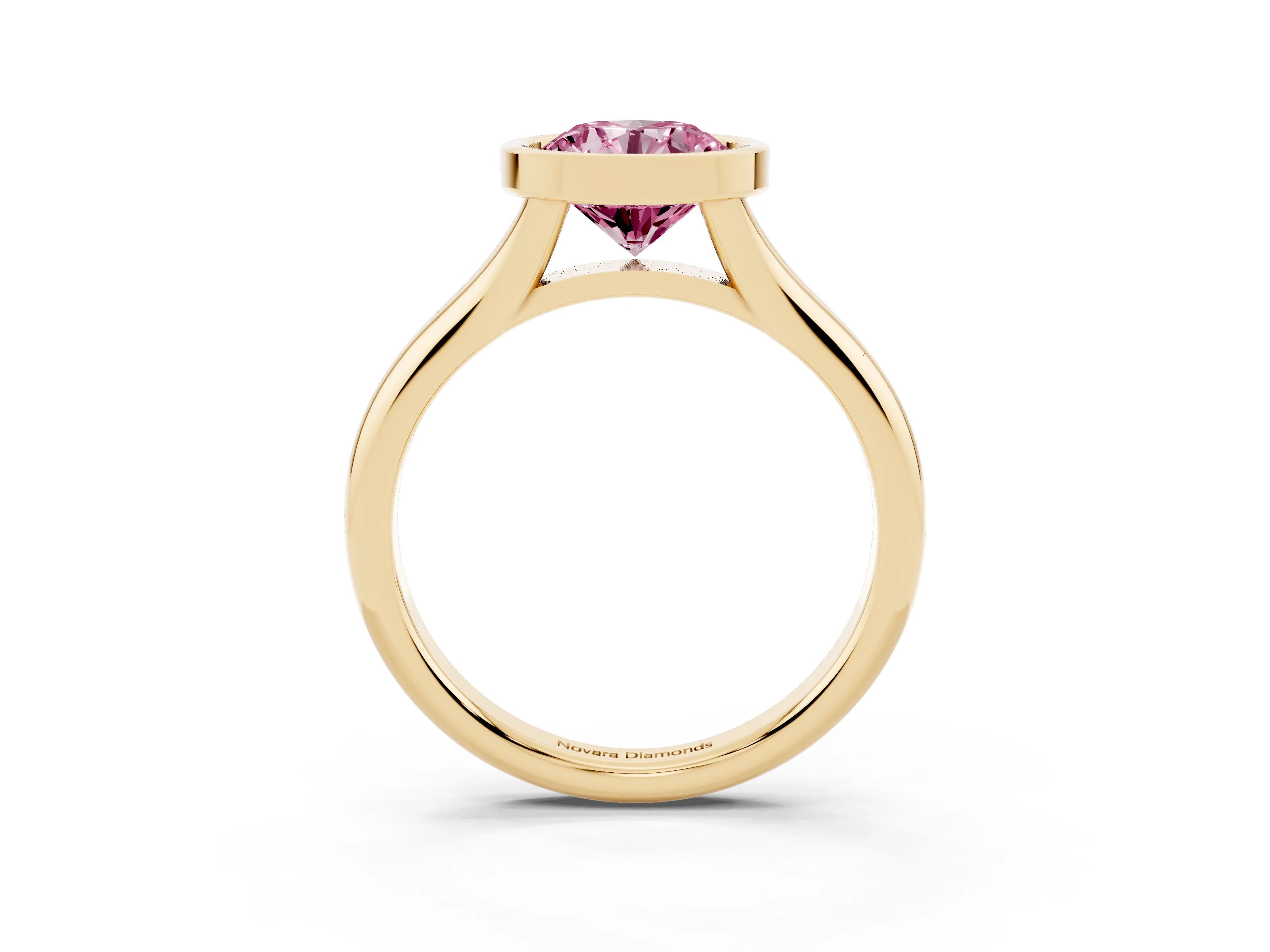 Fancy Pink Bezel Set Round Cut Diamond Solitaire Ring Set in Yellow gold with Smooth Band