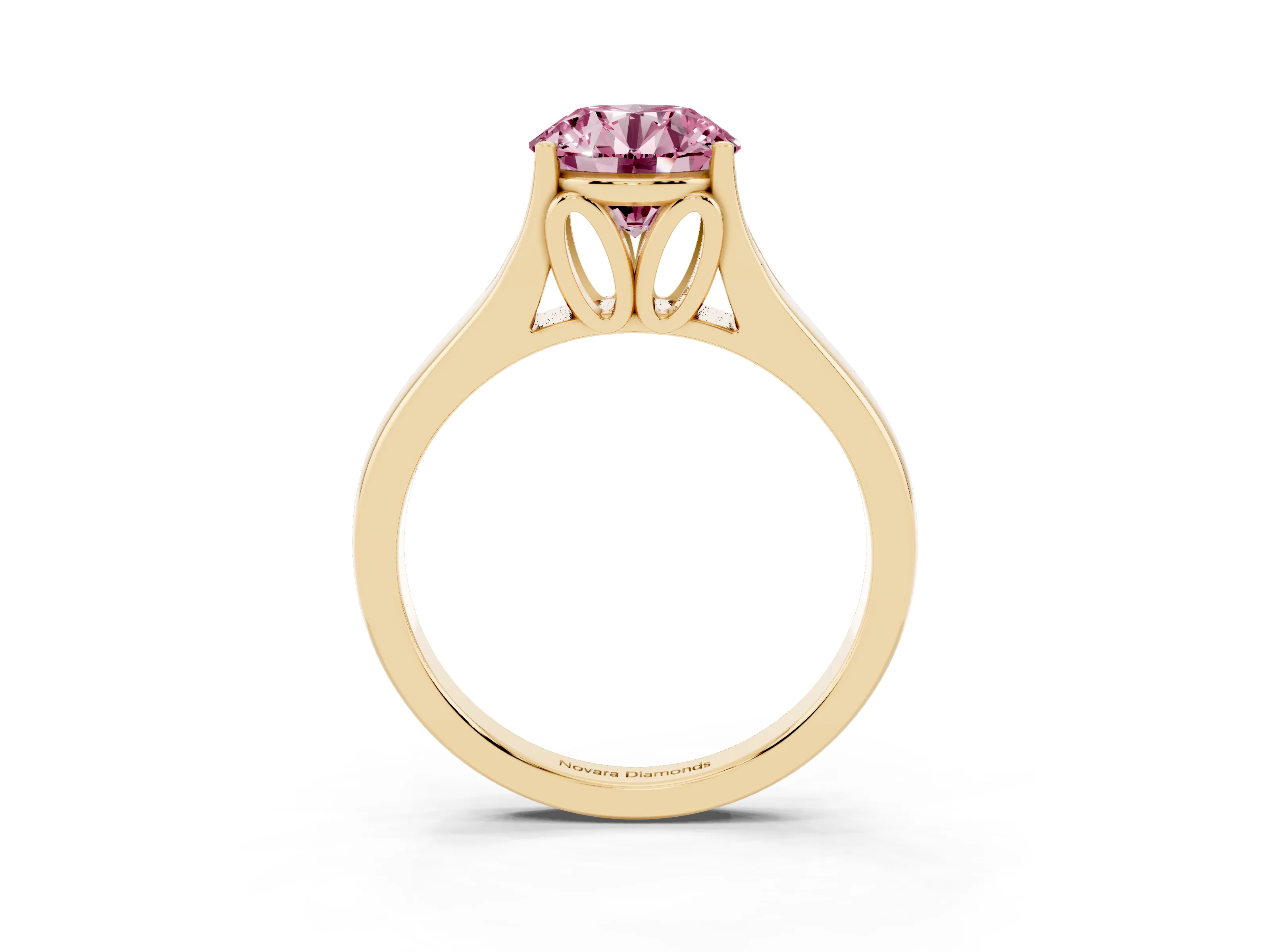 Fancy Pink Round Cut Diamond Solitaire Ring Set in Yellow gold with Arched Cathedral Band and Prong Setting