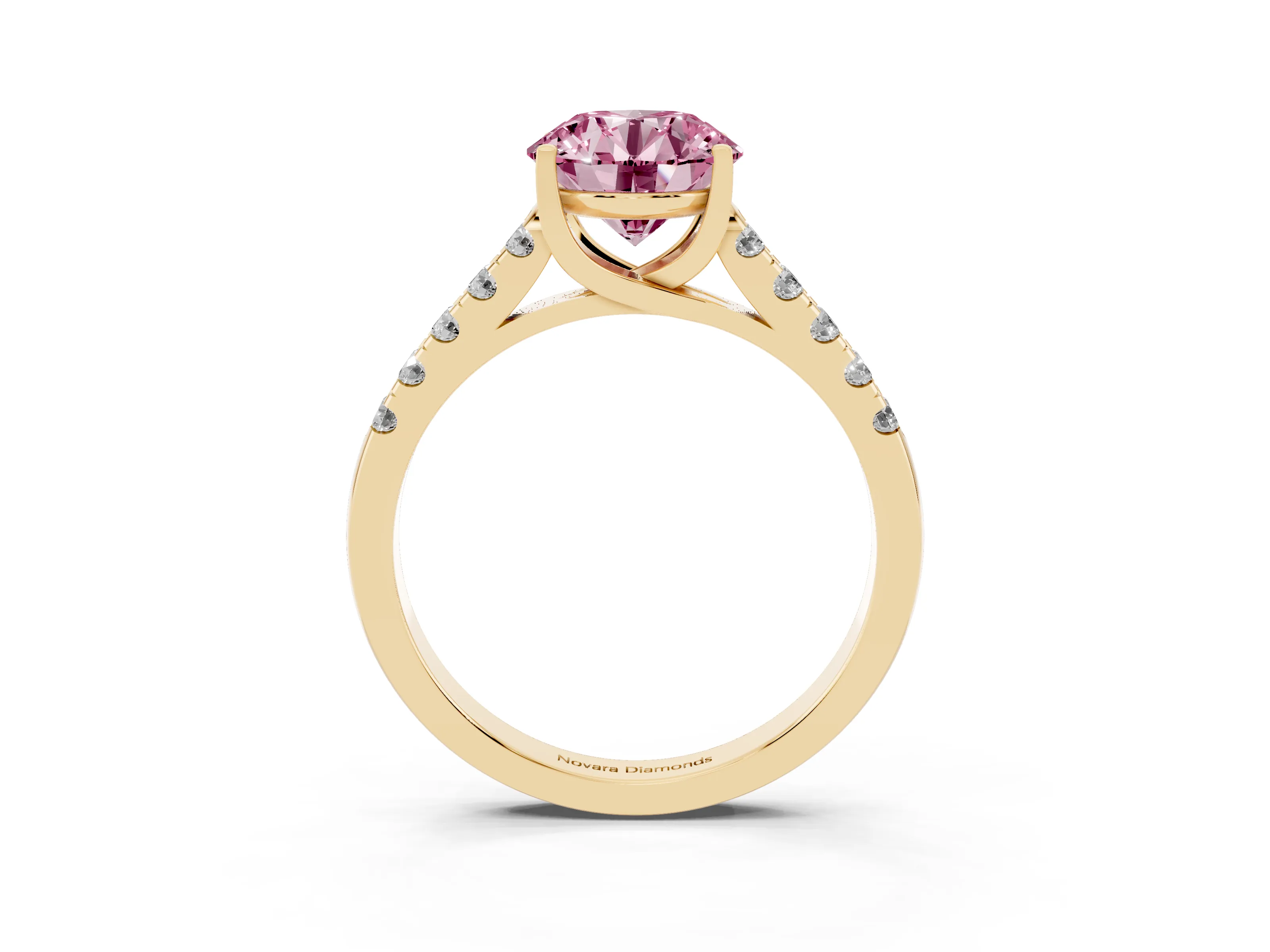 Fancy Pink Round Cut Diamond Pavé Band Solitaire Ring Set in Yellow gold with Partway Accent Stones and Prong Setting