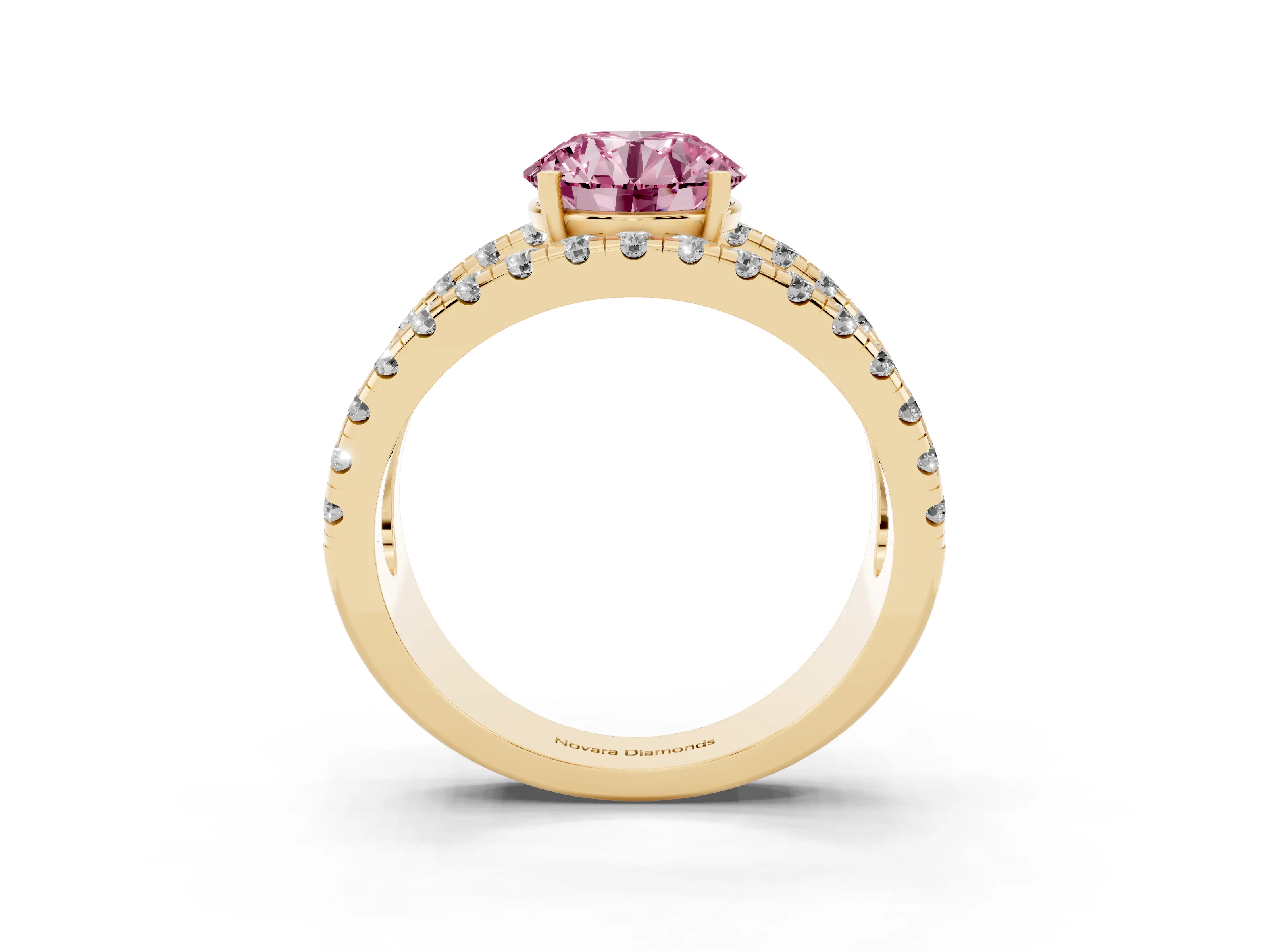 Fancy Pink Round Cut Diamond Split Shank Pavé Solitaire Ring Set in Yellow gold with Open Shank Design