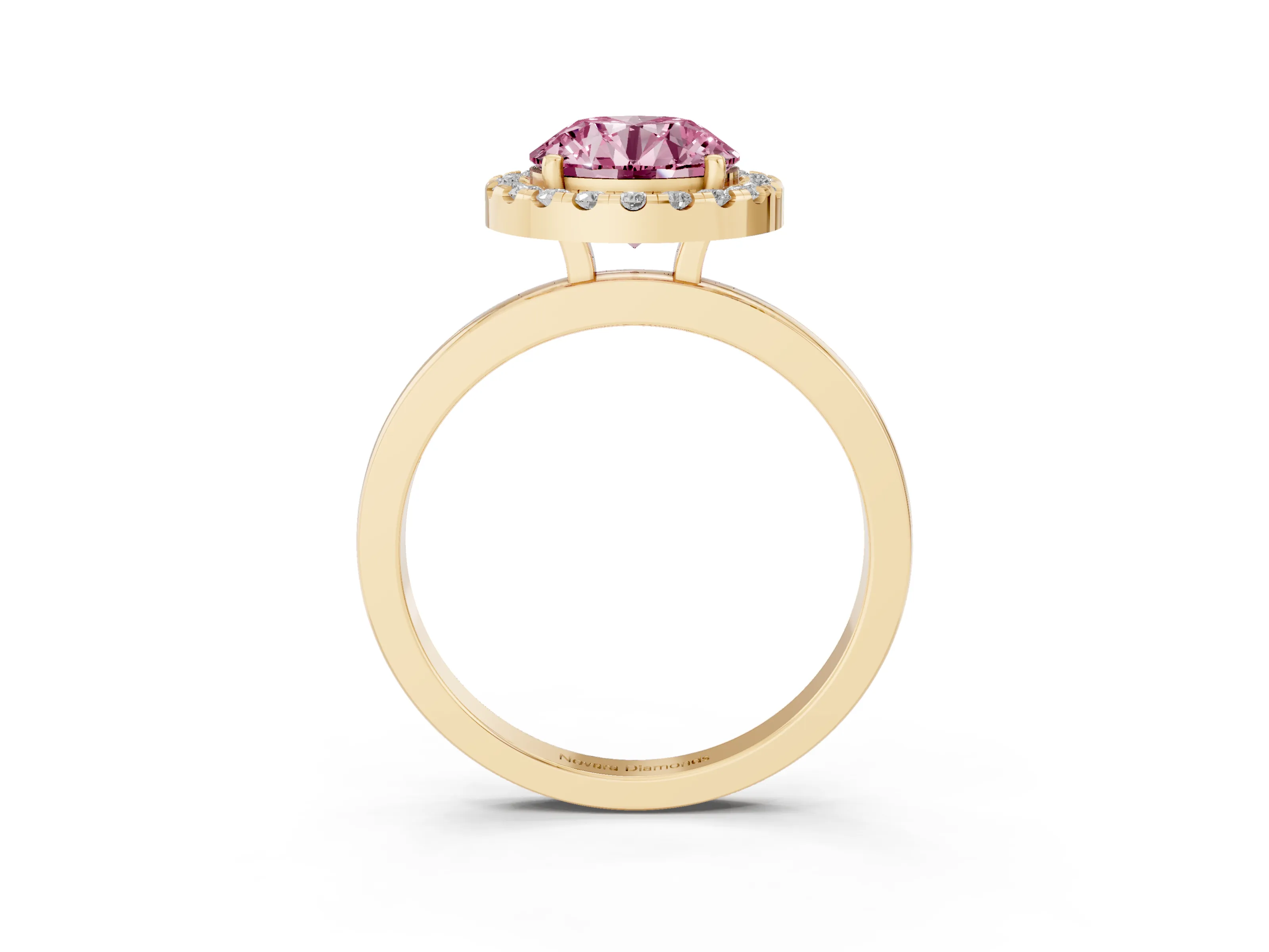 Fancy Pink Round Cut Diamond Halo Solitaire Ring Set in Yellow gold with Pavé Band and Prong Setting