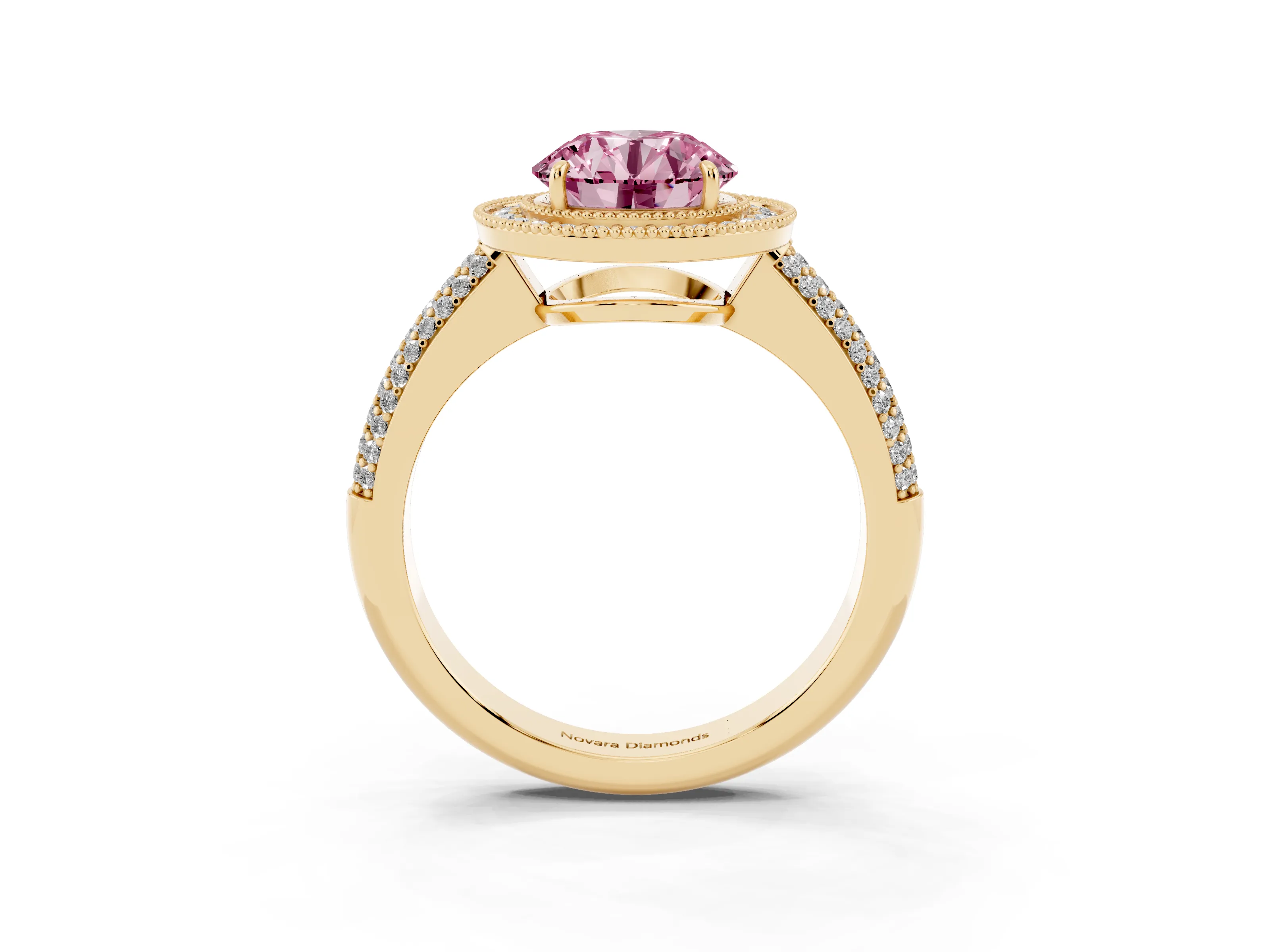 Fancy Pink Round Cut Diamond Halo Pavé Band Set in Yellow gold with Prong Setting
