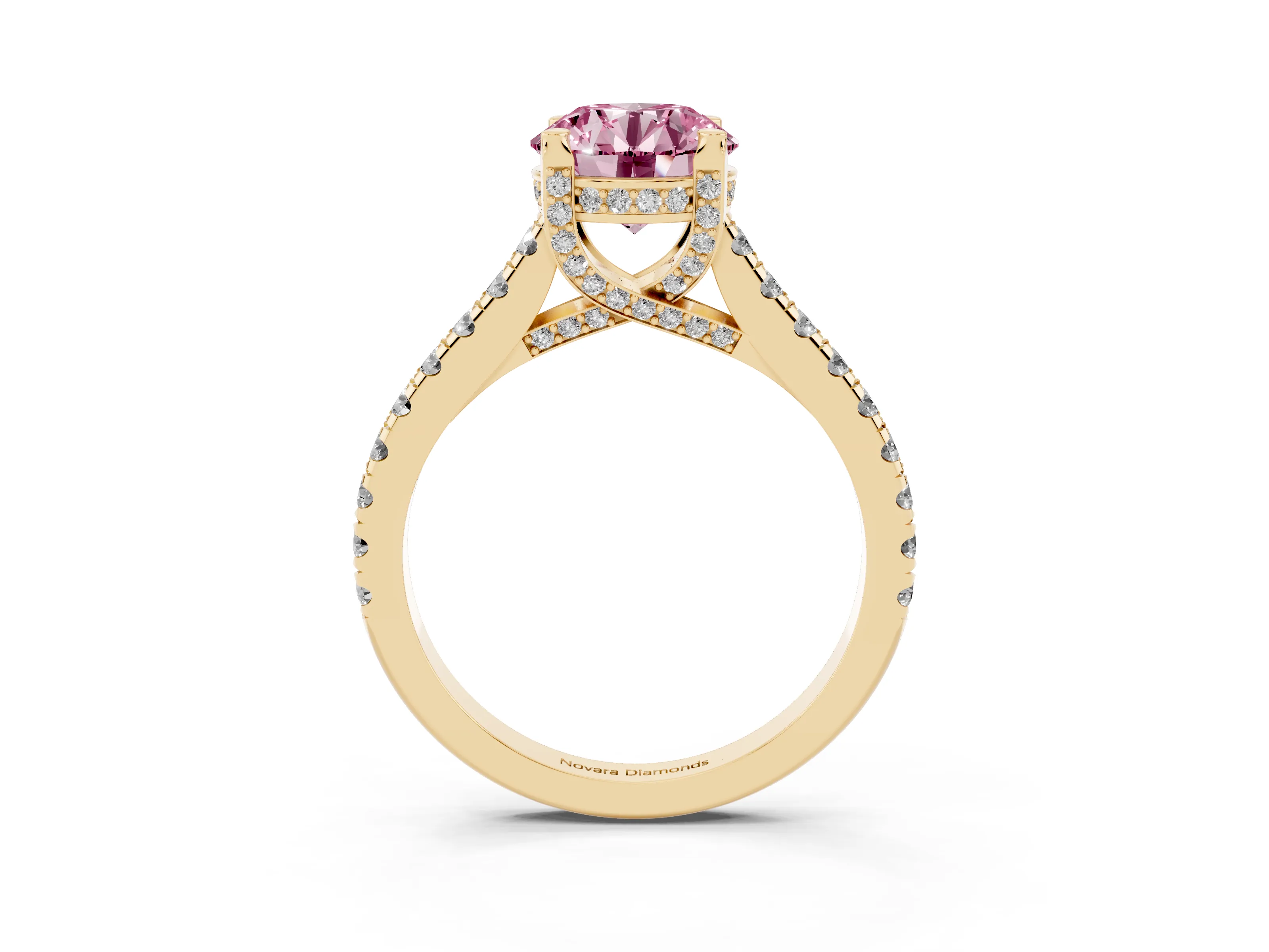 Fancy Pink Round Cut Diamond Solitaire Ring Set in Yellow gold with Brilliant Pavé Band and Prong Setting