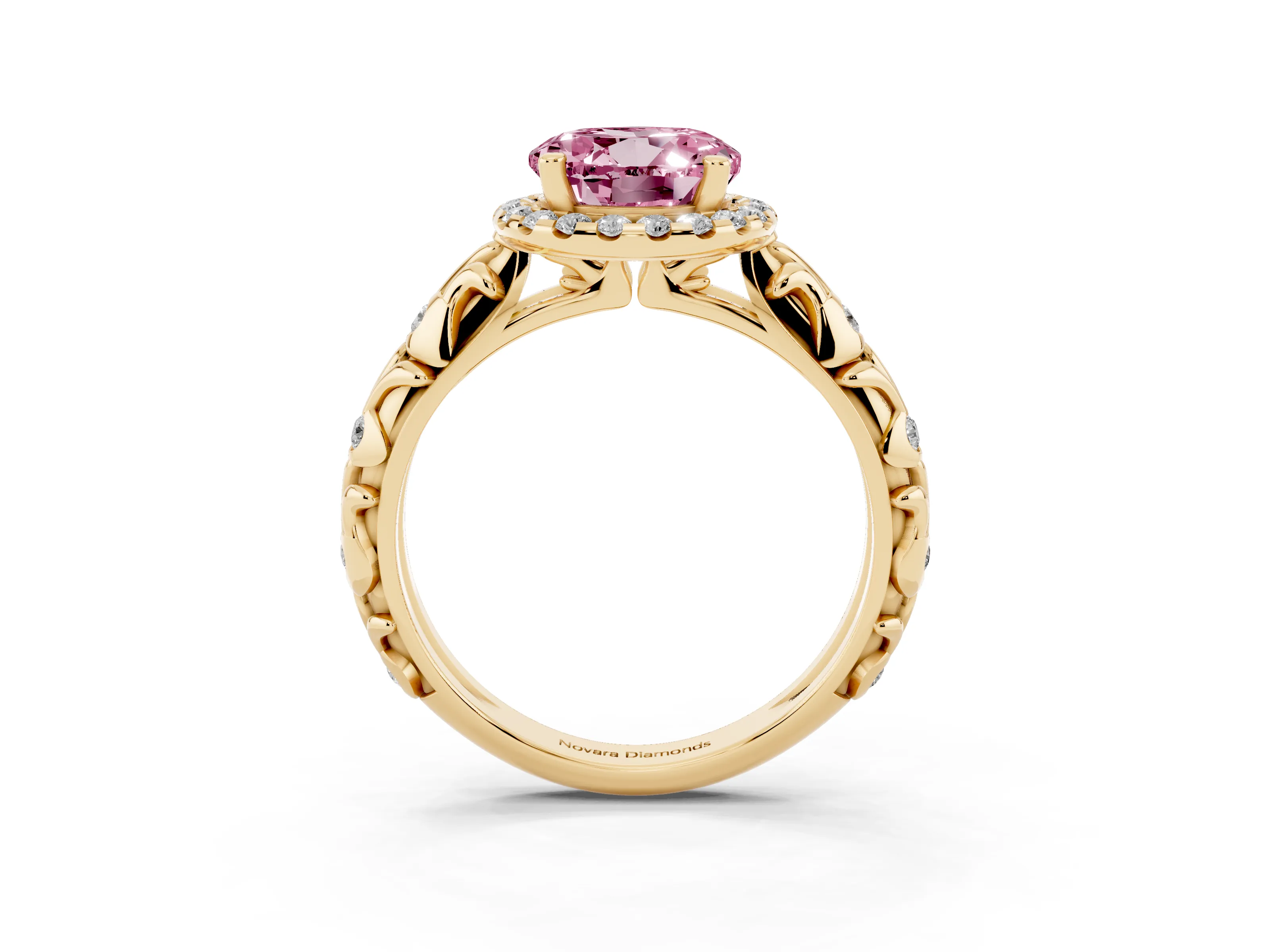 Fancy Pink Round Cut Diamond Halo Ring Set in Yellow gold with Filigree Leaf Band and Prong Setting