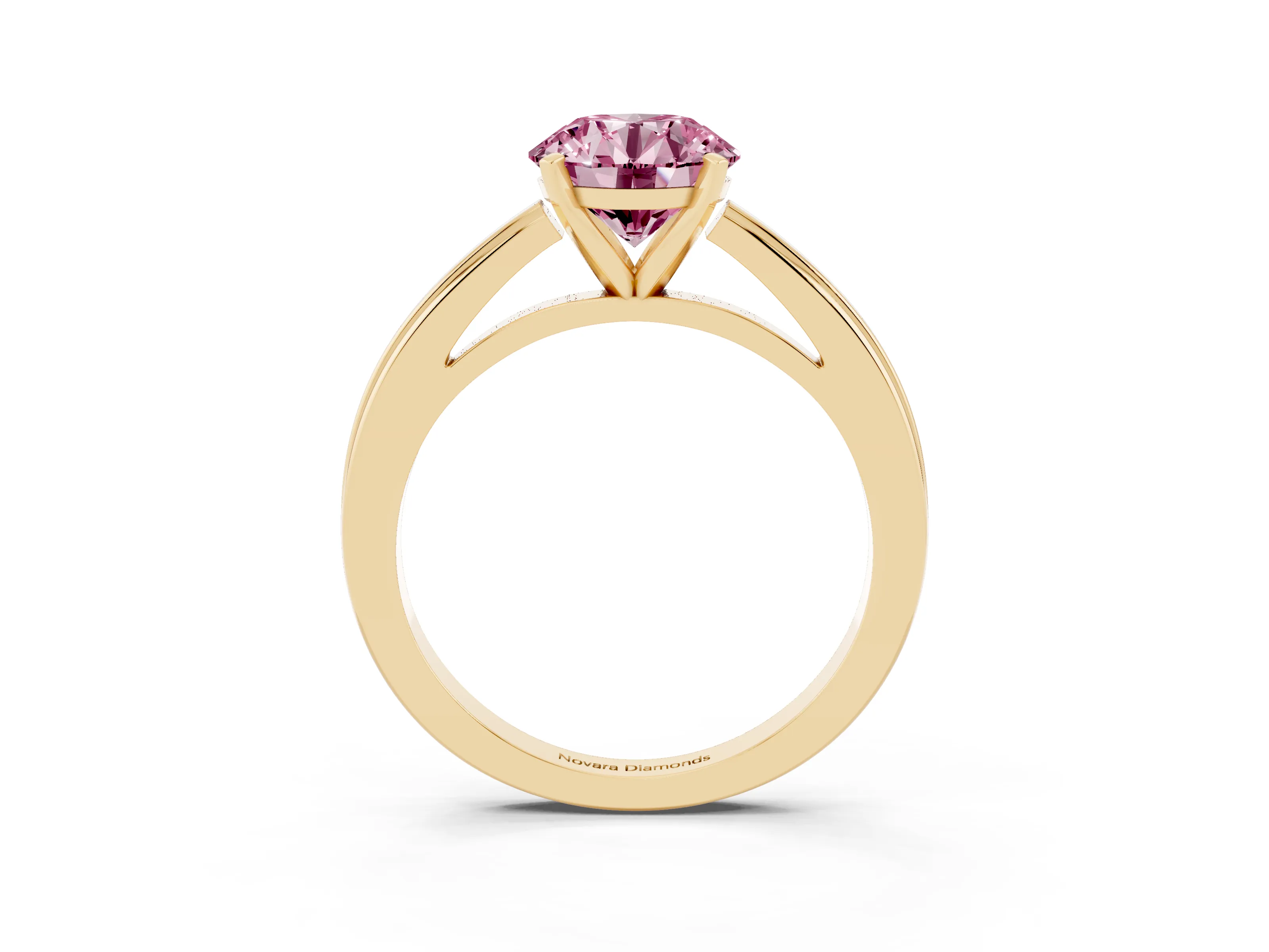 Fancy Pink Round Cut Diamond Solitaire Ring Set in Yellow gold with Prong Setting and Classic Band