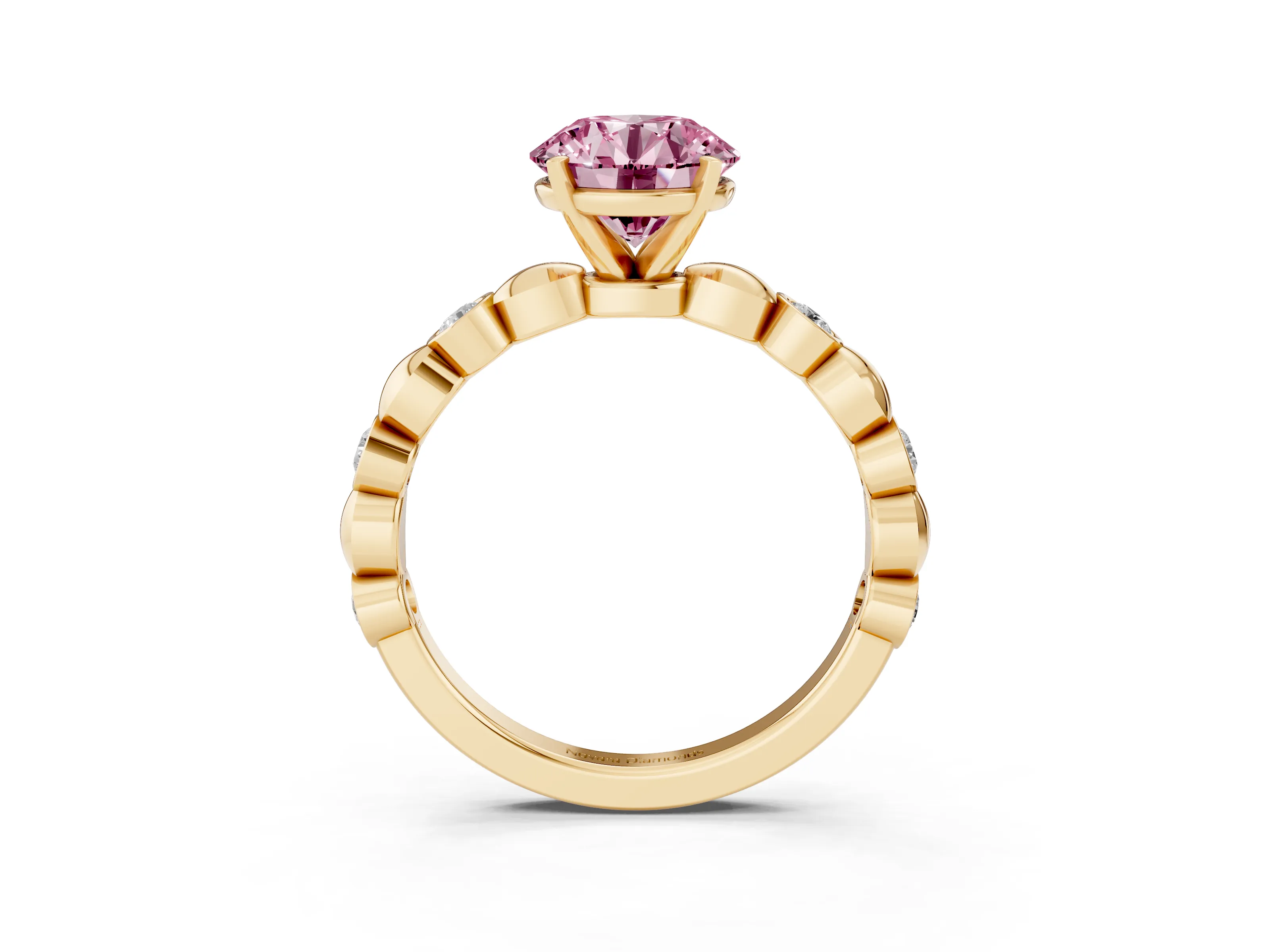 Fancy Pink Round Cut Diamond Solitaire Ring Set in Yellow gold with Bezel-Set Accents on Beaded Band and Prong Setting