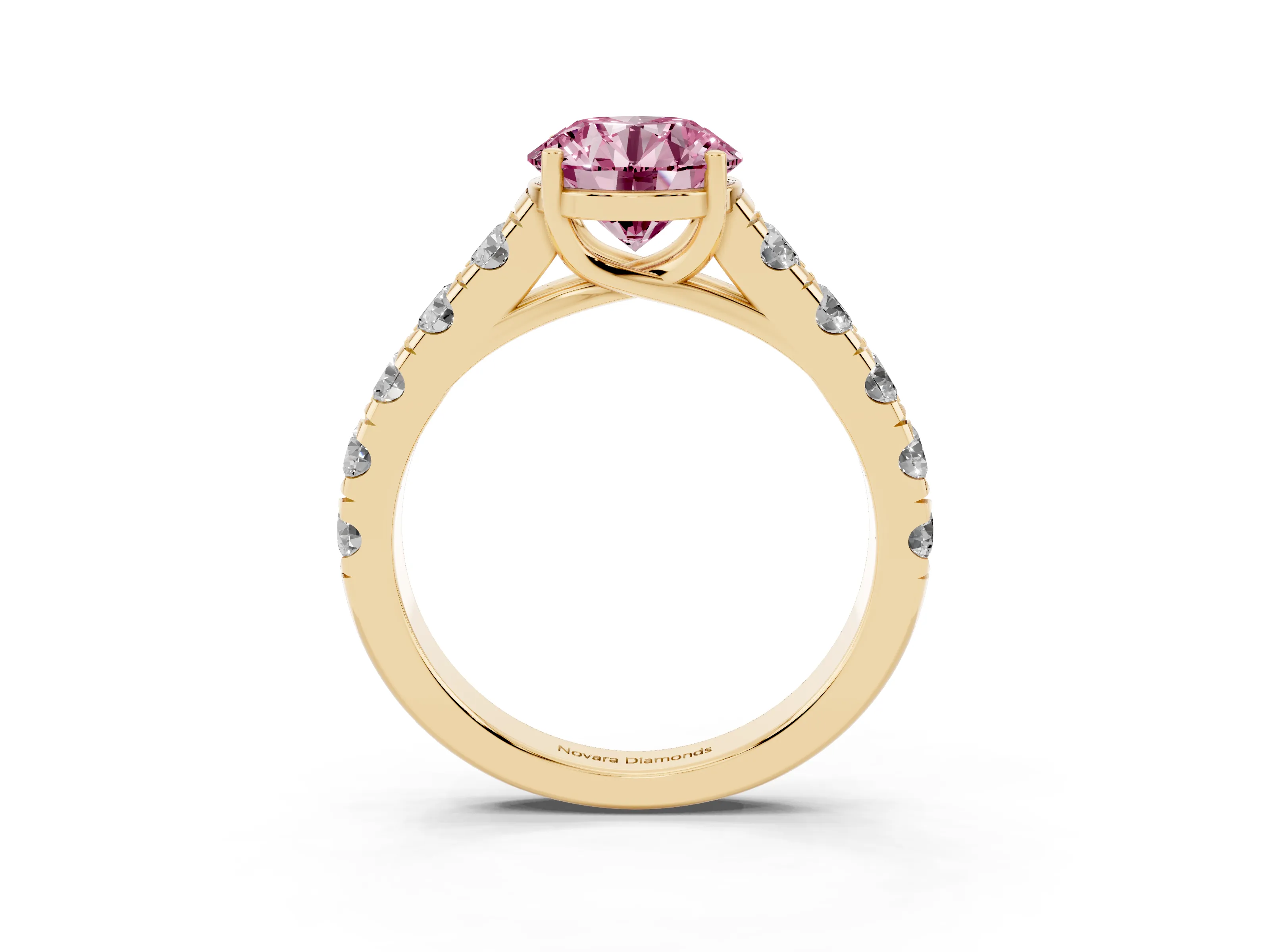 Fancy Pink Round Cut Diamond Solitaire Ring Set in Yellow gold with Cut-Down Micro Pavé Band and Prong Setting