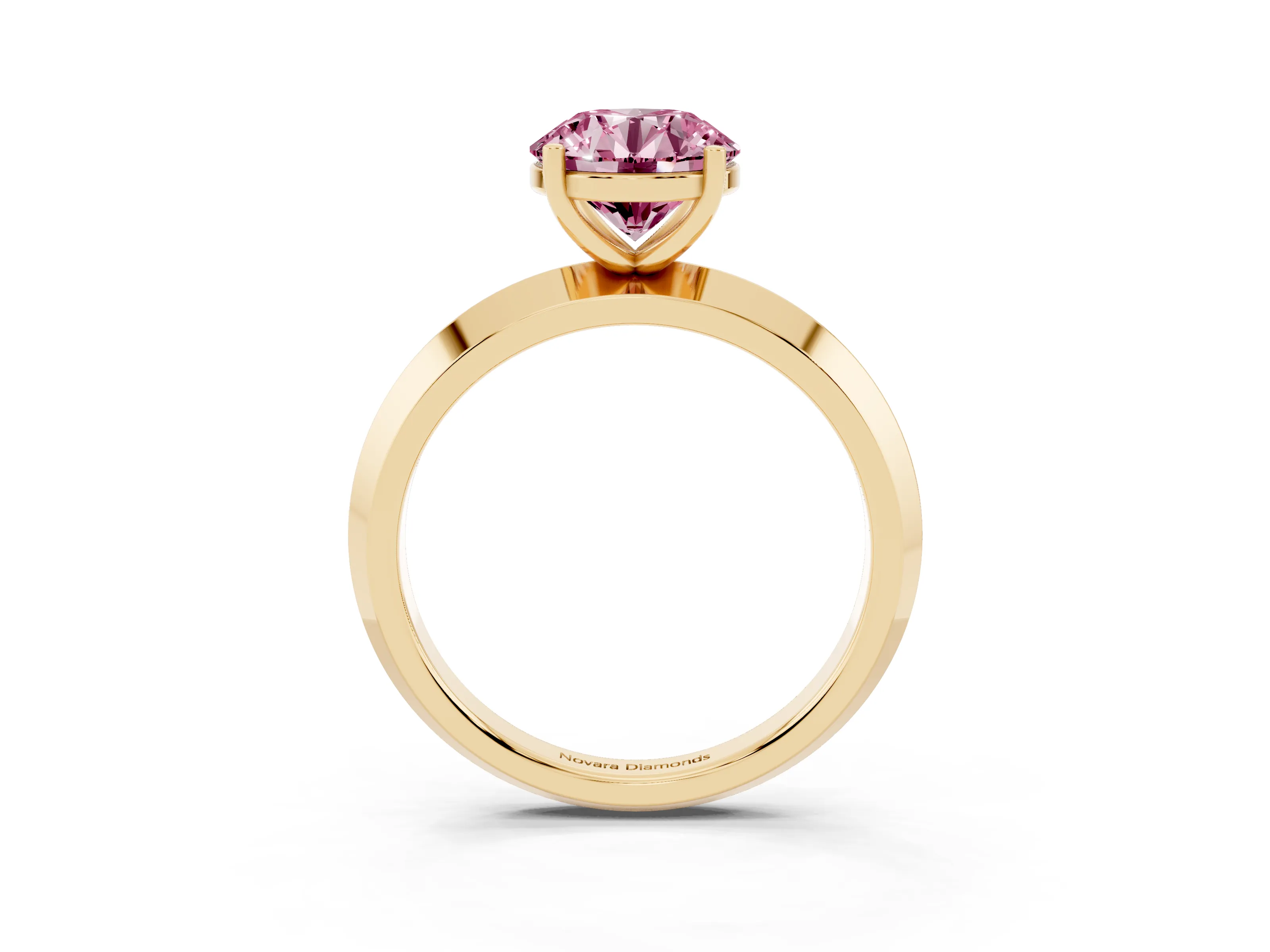 Fancy Pink Round Cut Diamond Solitaire Engagement Ring Set in Yellow gold with Flat Band and Prong Setting