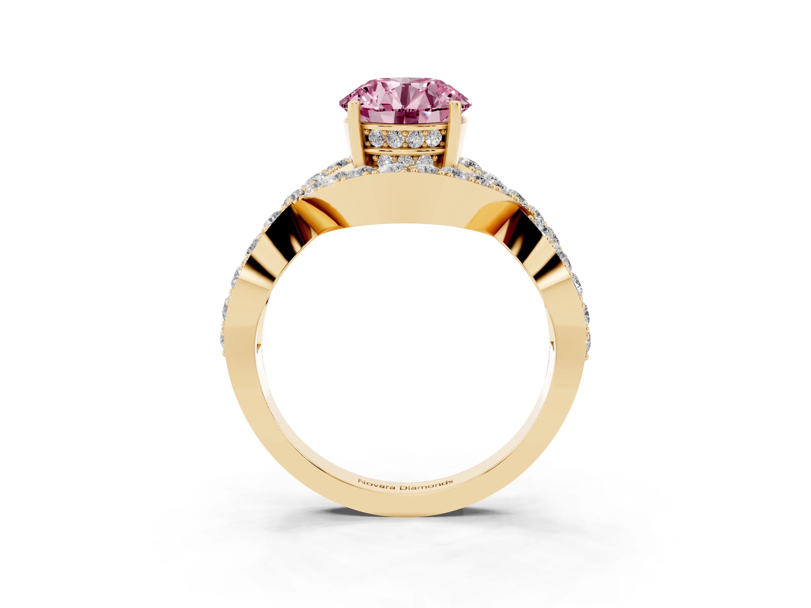 Fancy Pink Round Cut Diamond Solitaire Twist Band Pavé Engagement Ring Set in Yellow gold