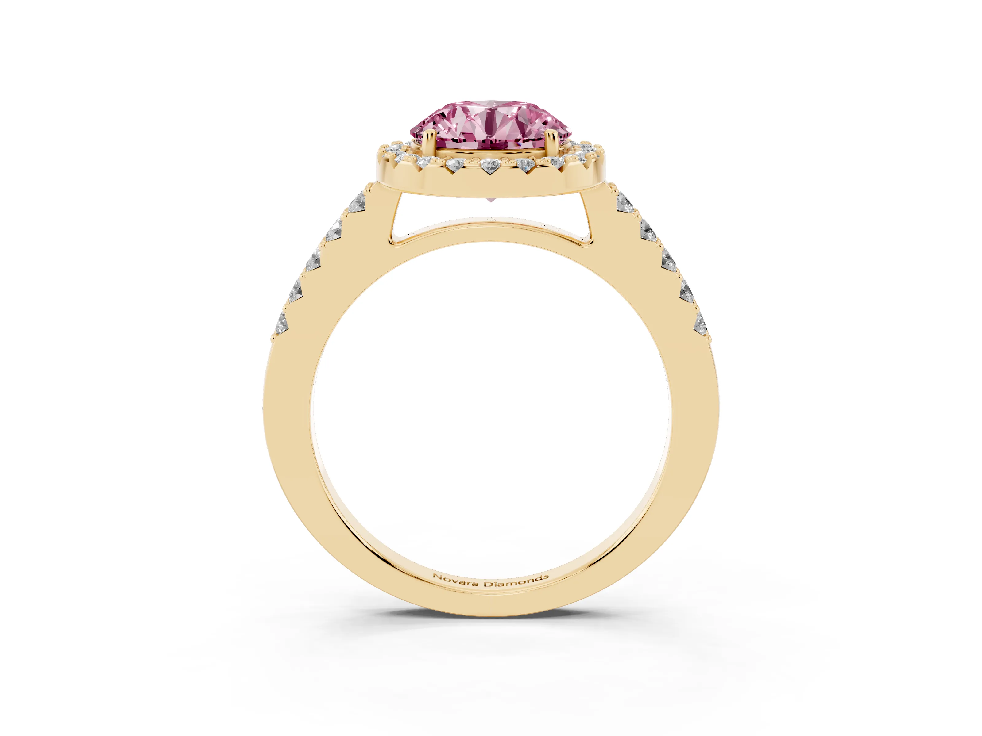 Fancy Pink Round Cut Diamond Halo Pavé Solitaire Ring Set in Yellow gold with Prong-Set Center Stone