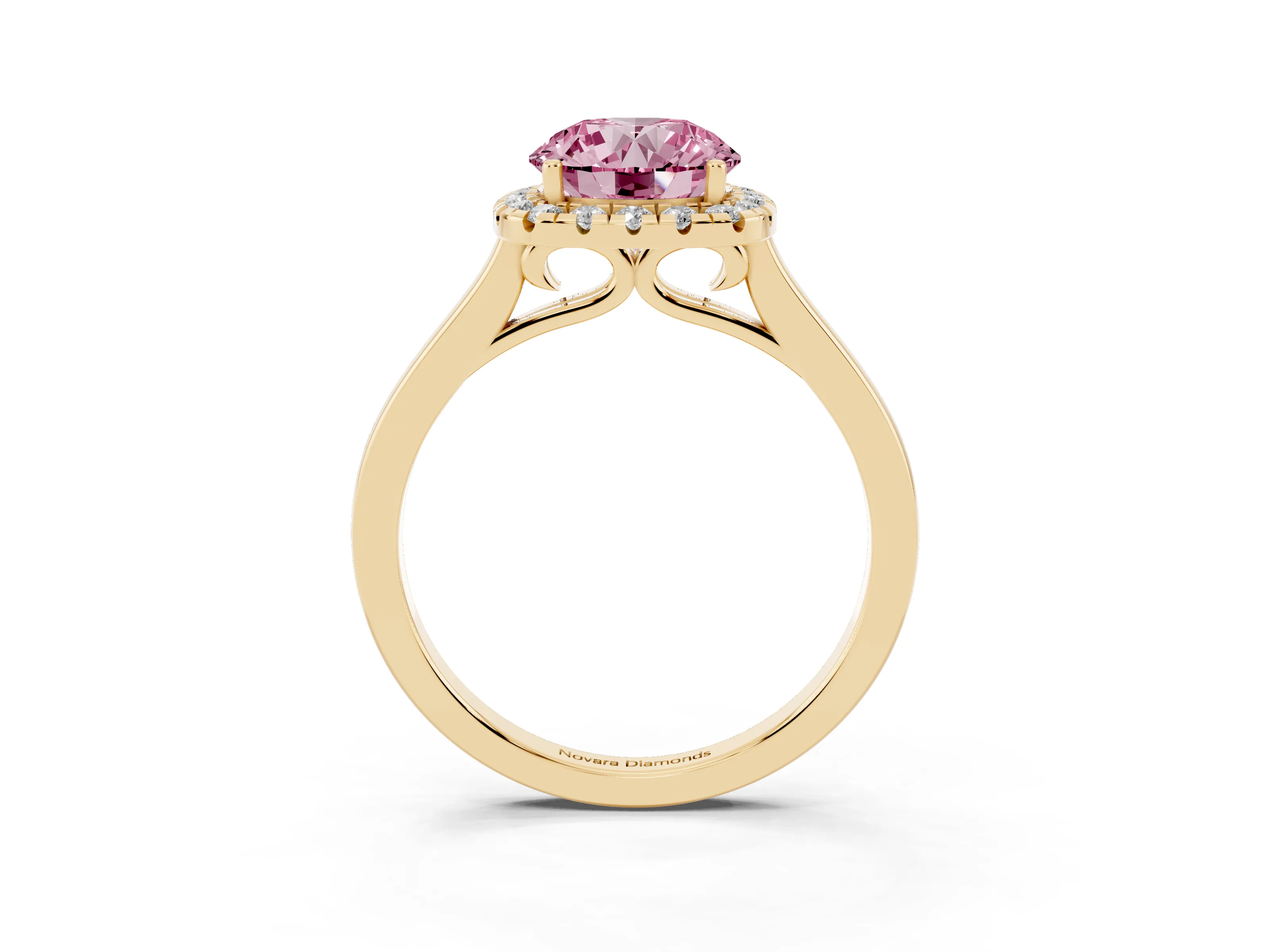 Fancy Pink Round Cut Halo Round Diamond Solitaire Ring Set in Yellow gold with Pavé Band and Prong Setting