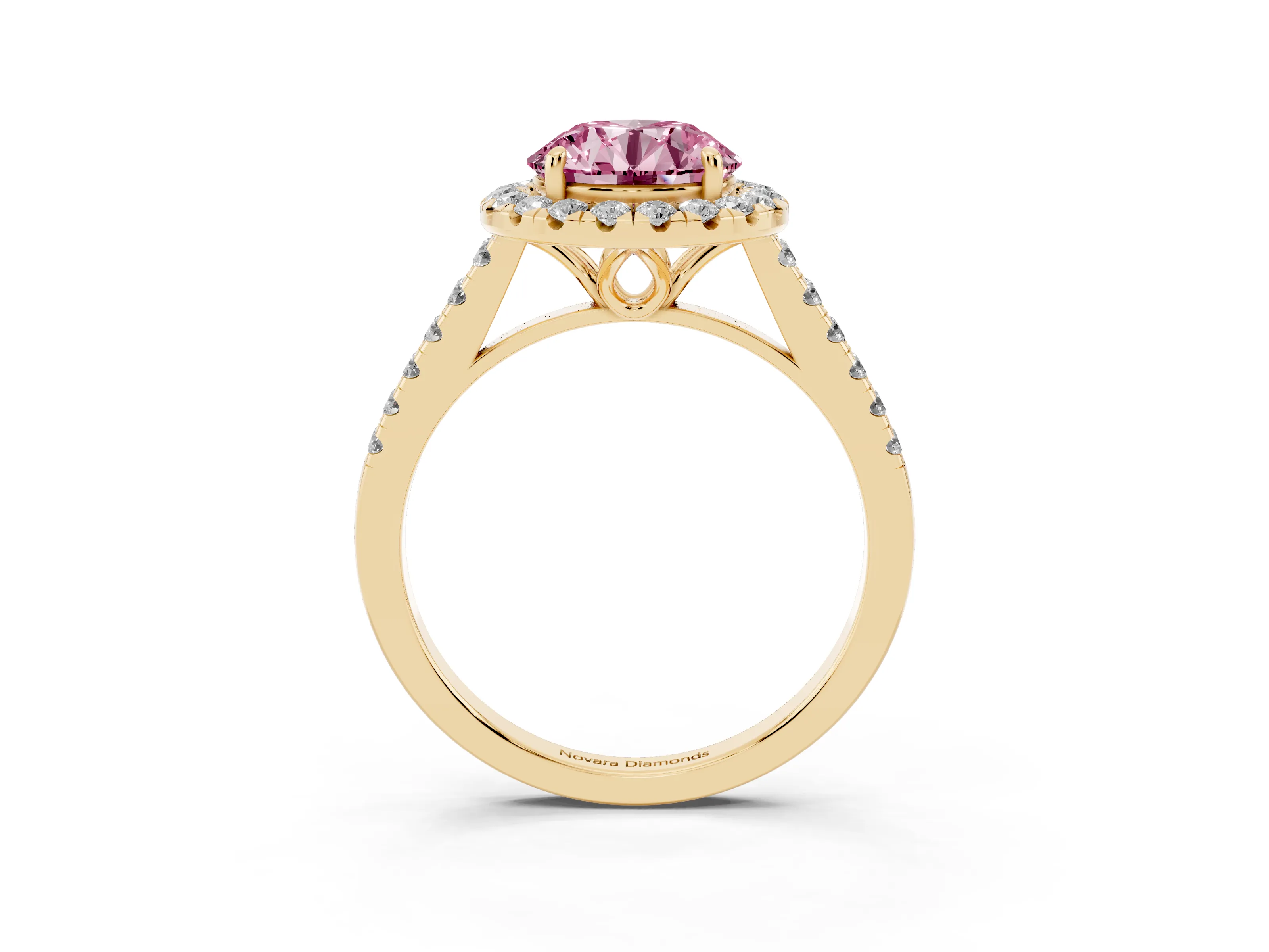 Fancy Pink Round Cut Diamond Pavé Halo Engagement Ring Set in Yellow gold with Pavé Band and Prong Setting