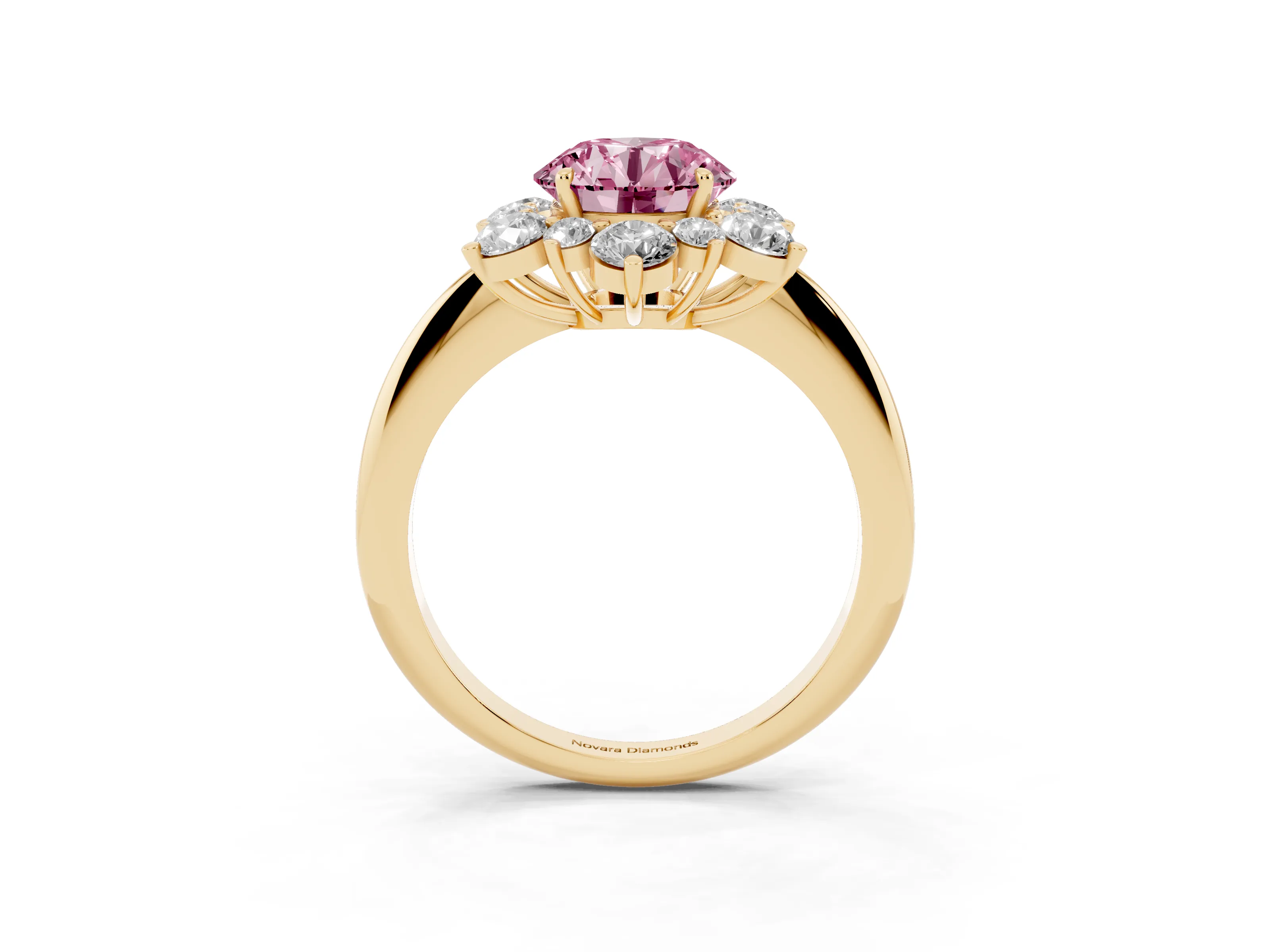 Fancy Pink Round Cut Diamond Cluster Halo Ring Set in Yellow gold with Solitaire Band and Prong Setting