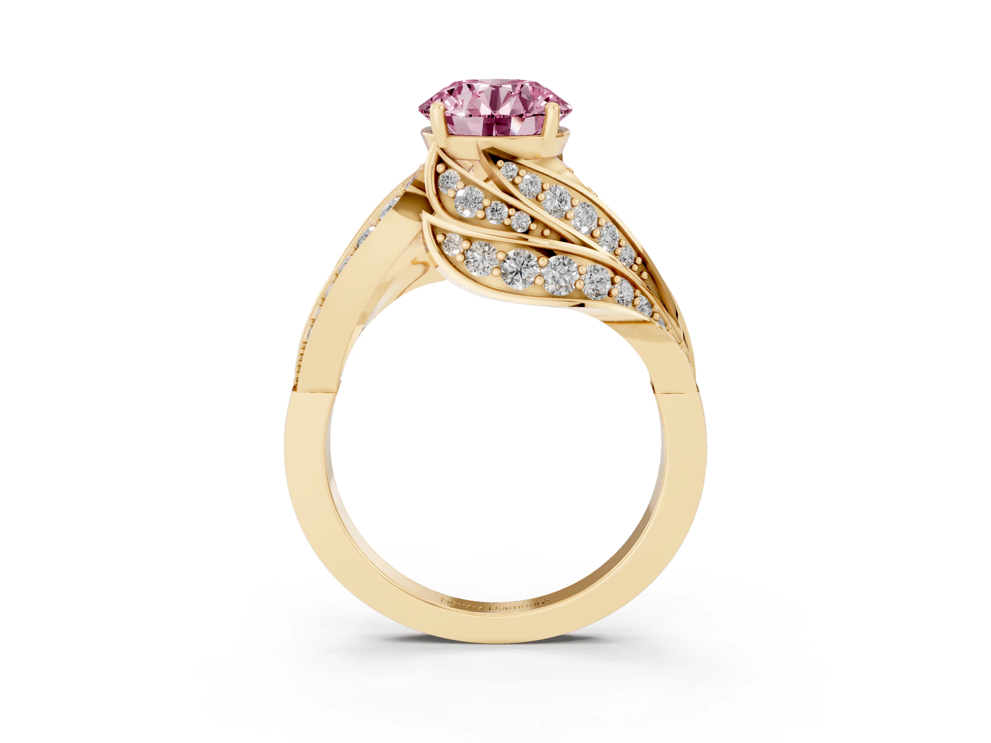 Fancy Pink Round Cut Diamond Solitaire Ring Set in Yellow gold with Layered Twist Pavé Band