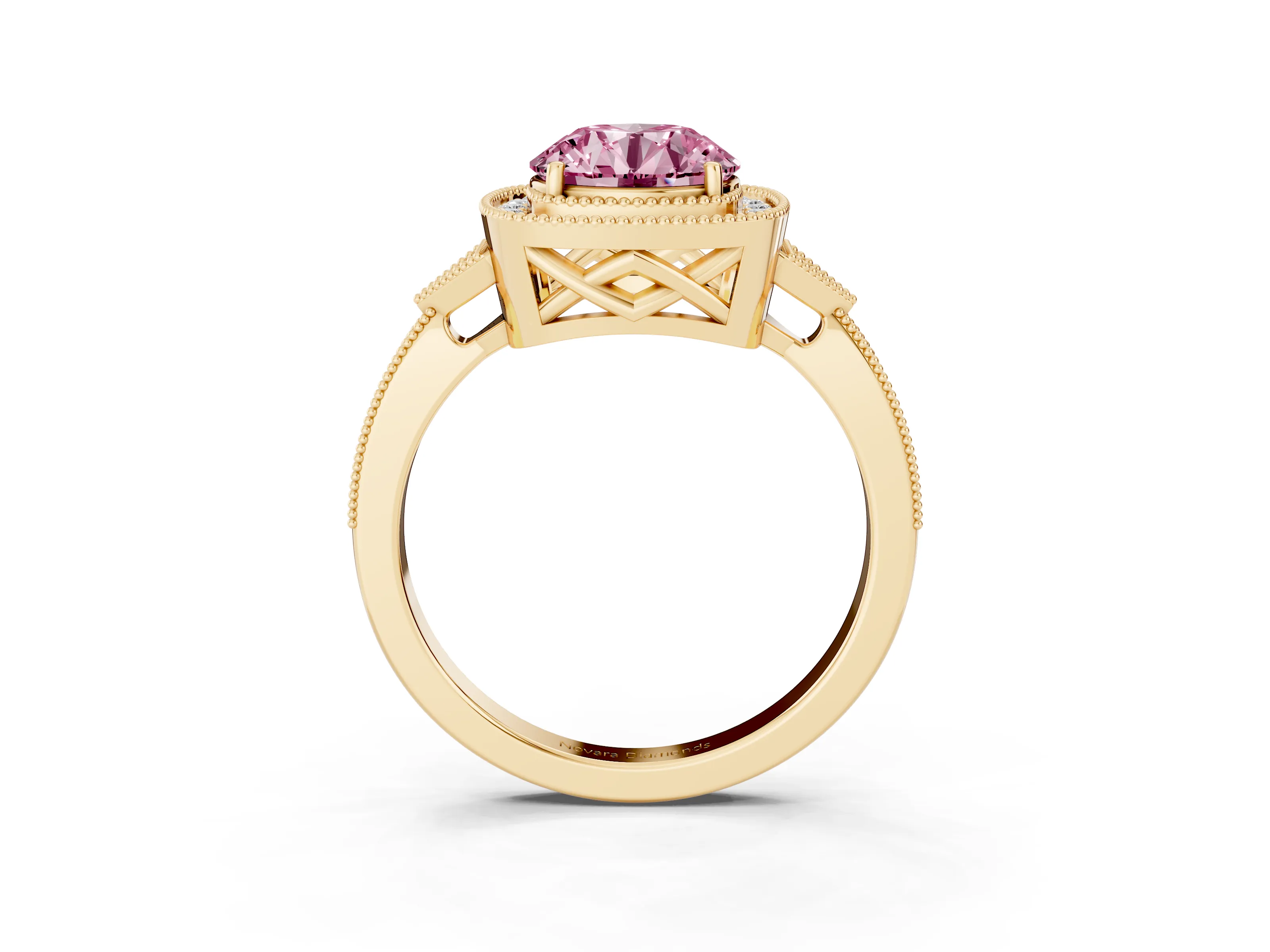 Fancy Pink Round Cut Diamond Halo Engagement Ring Set in Yellow gold with Milgrain Pavé Band