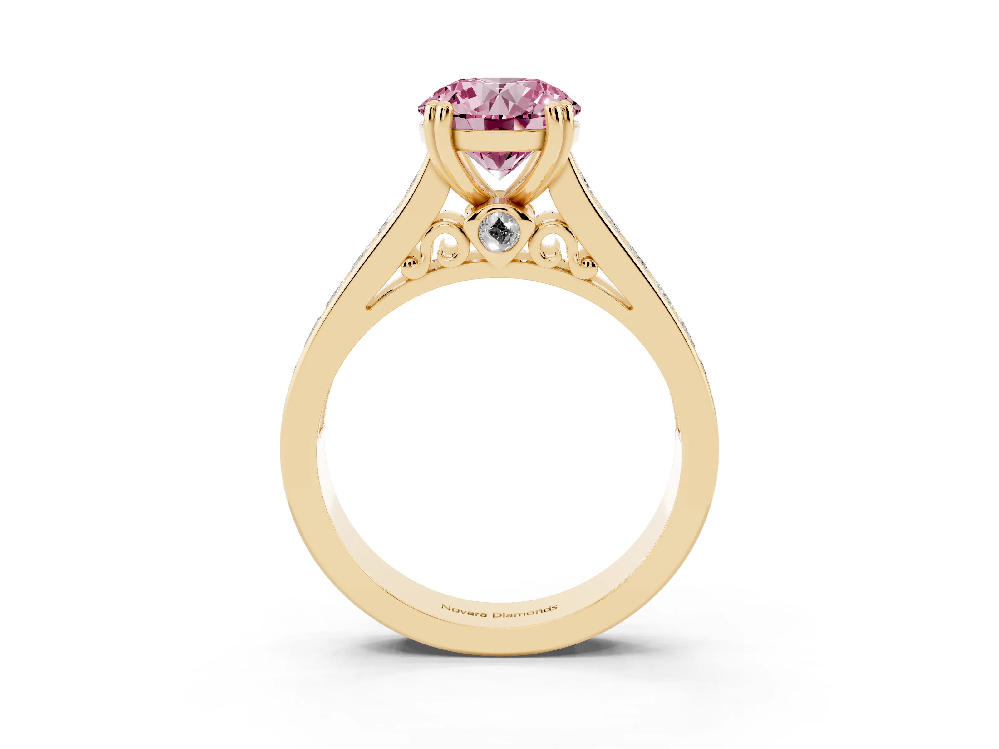 Fancy Pink Round Cut Diamond Channel Set Solitaire Engagement Ring Set in Yellow gold with Prong Setting