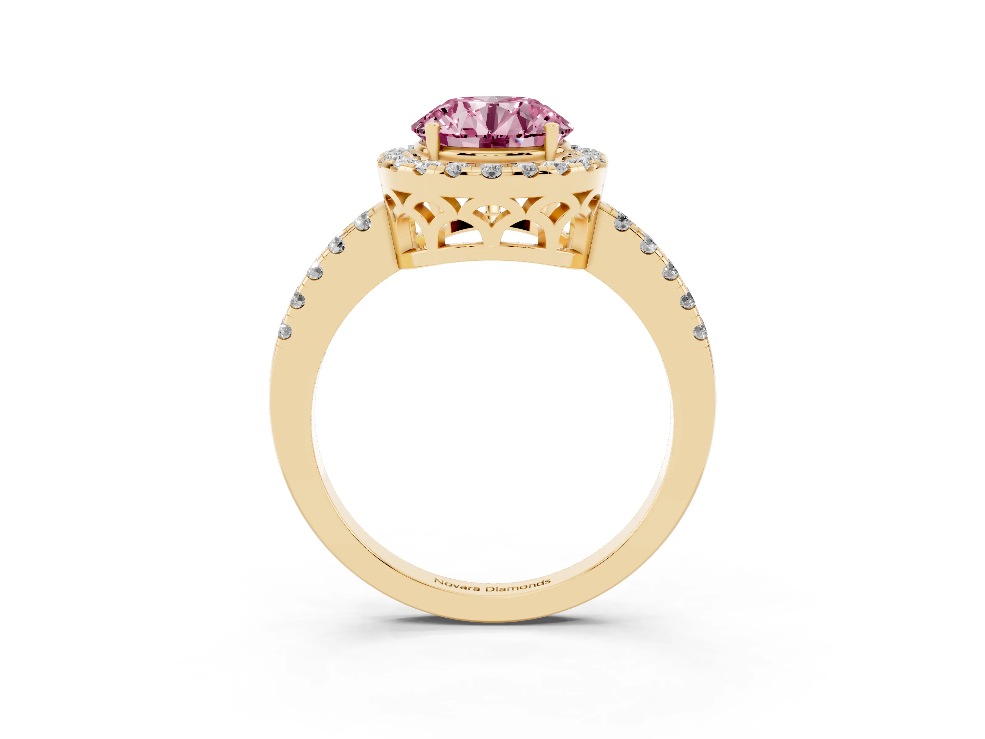 Fancy Pink Round Cut Diamond Pavé Band Halo Engagement Ring Set in Yellow gold with Prong Setting