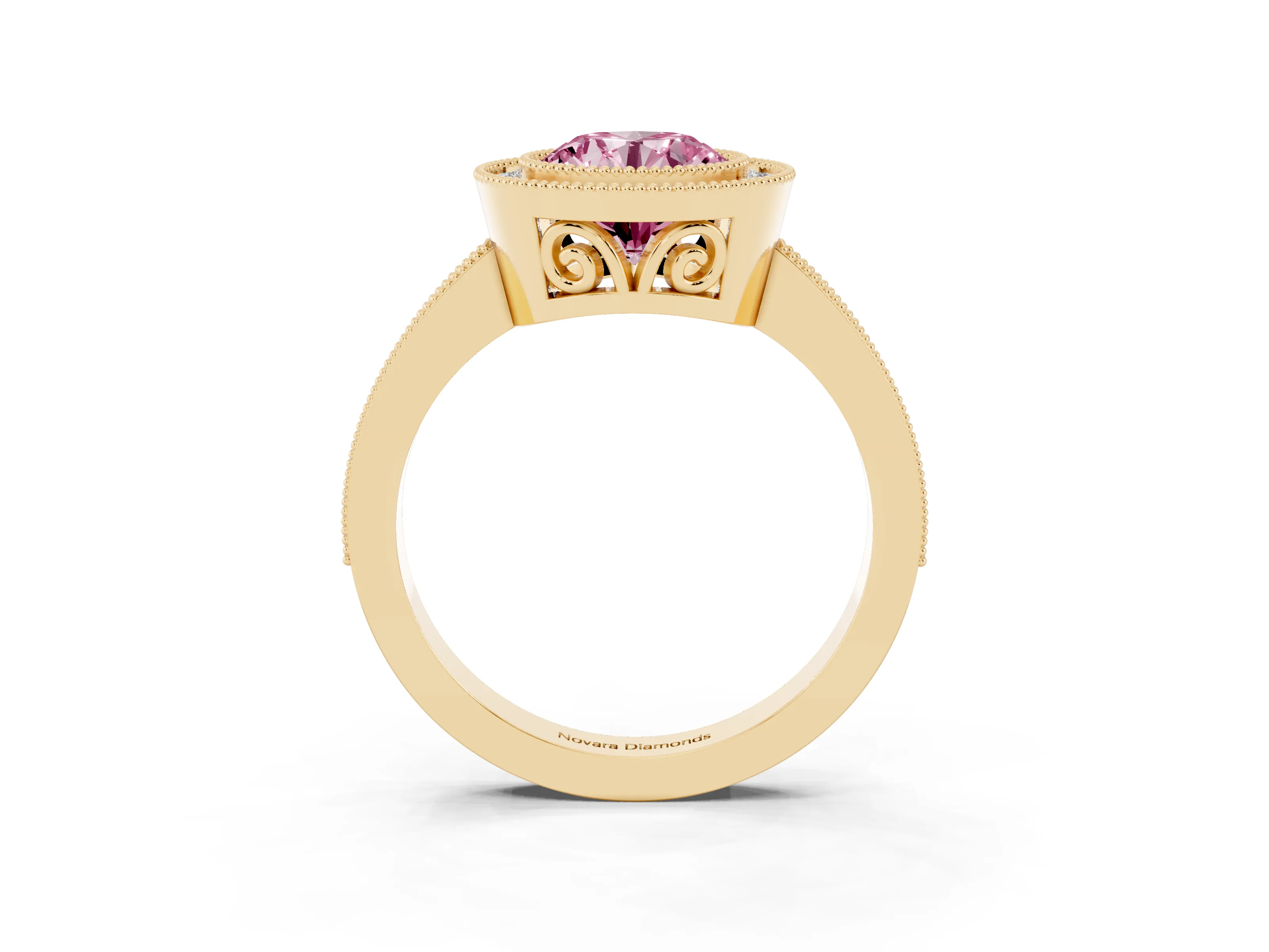 Fancy Pink Round Cut Diamond Halo Ring Set in Yellow gold with Pavé Band and Milgrain-Edged Prongs
