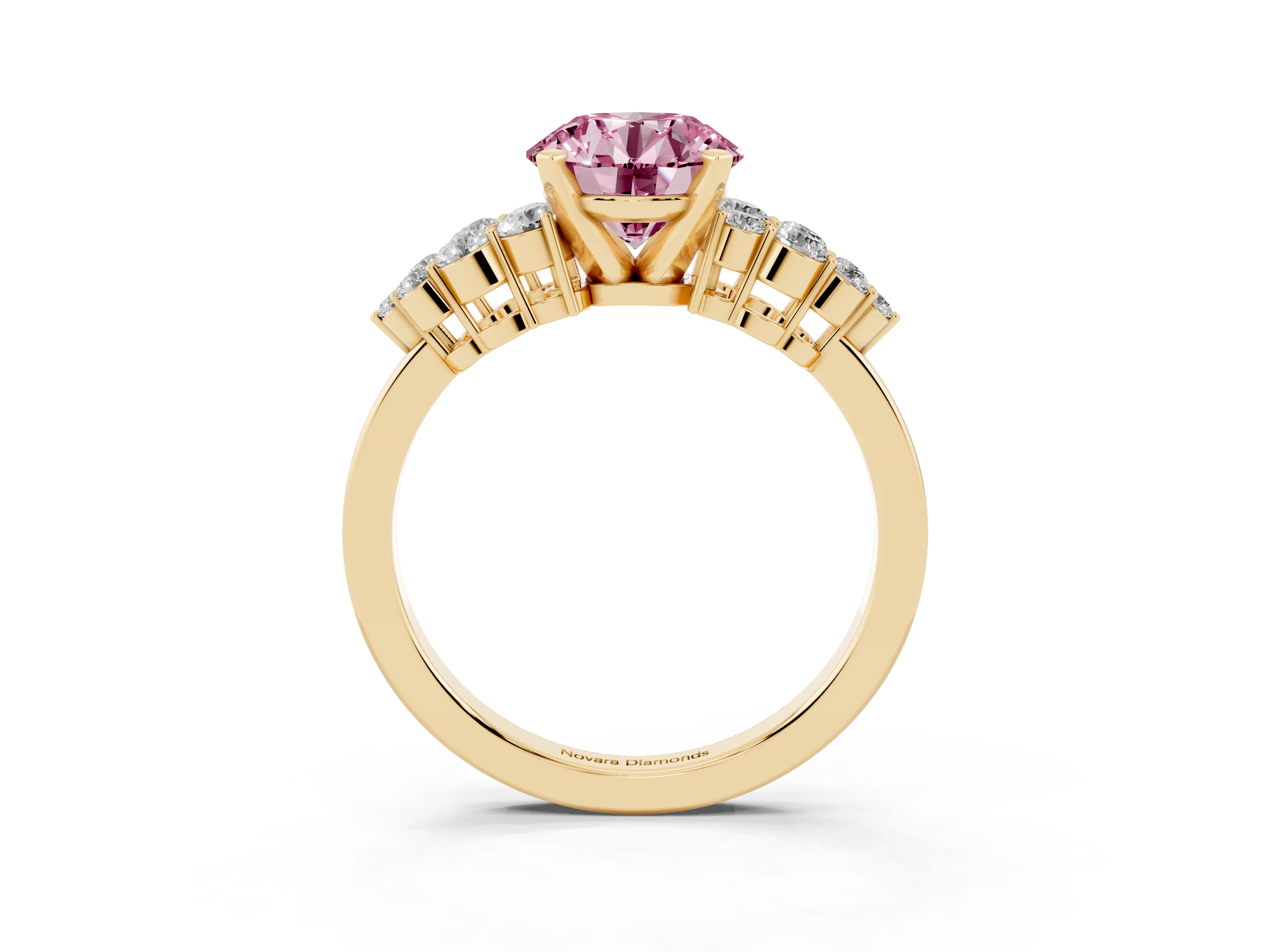 Fancy Pink Round Cut Diamond Cluster Engagement Ring Set in Yellow gold with Pavé Band and Prong Setting
