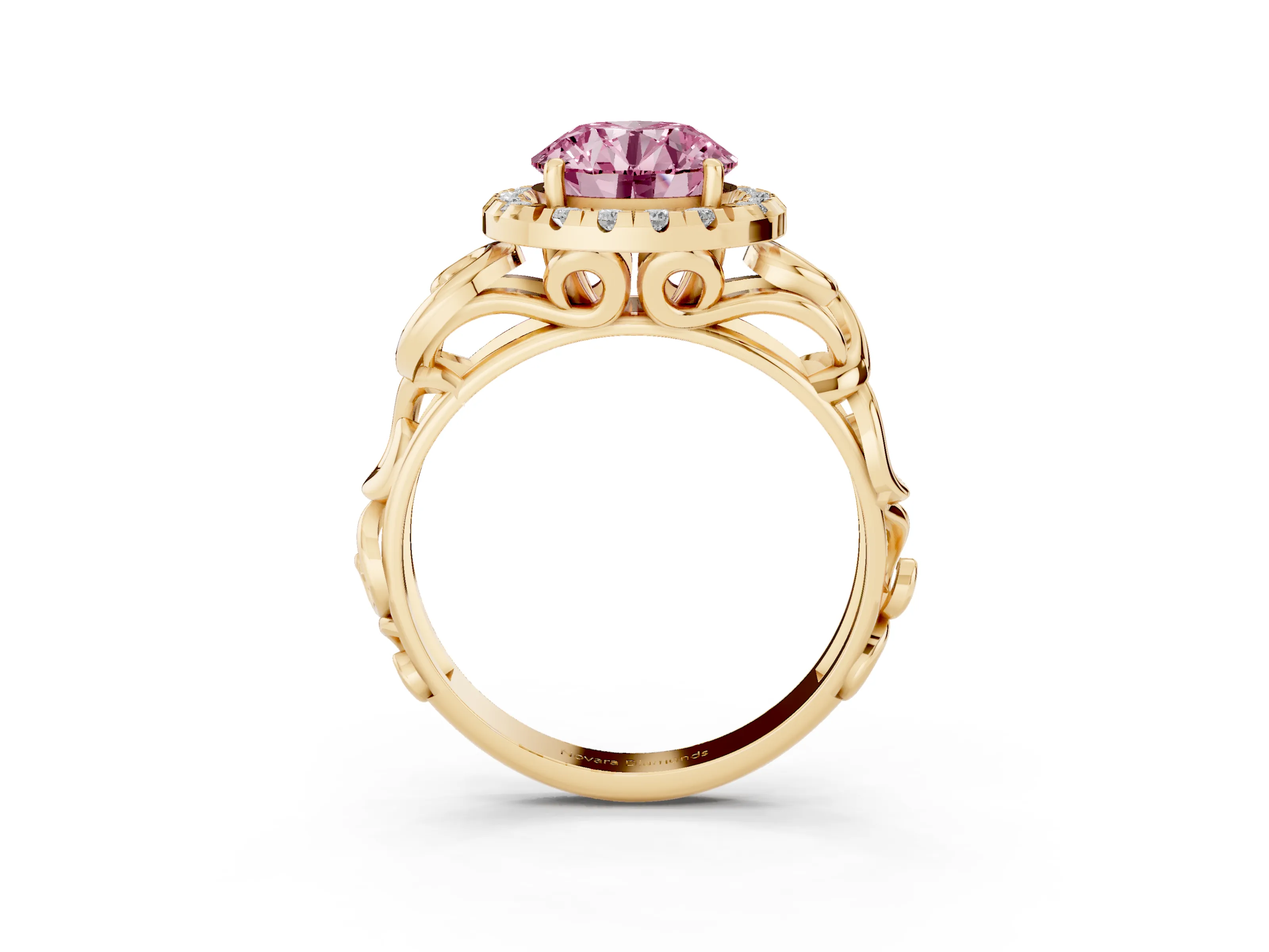 Fancy Pink Round Cut Diamond Halo Ring Set in Yellow gold with Scrollwork Band and Prong Setting
