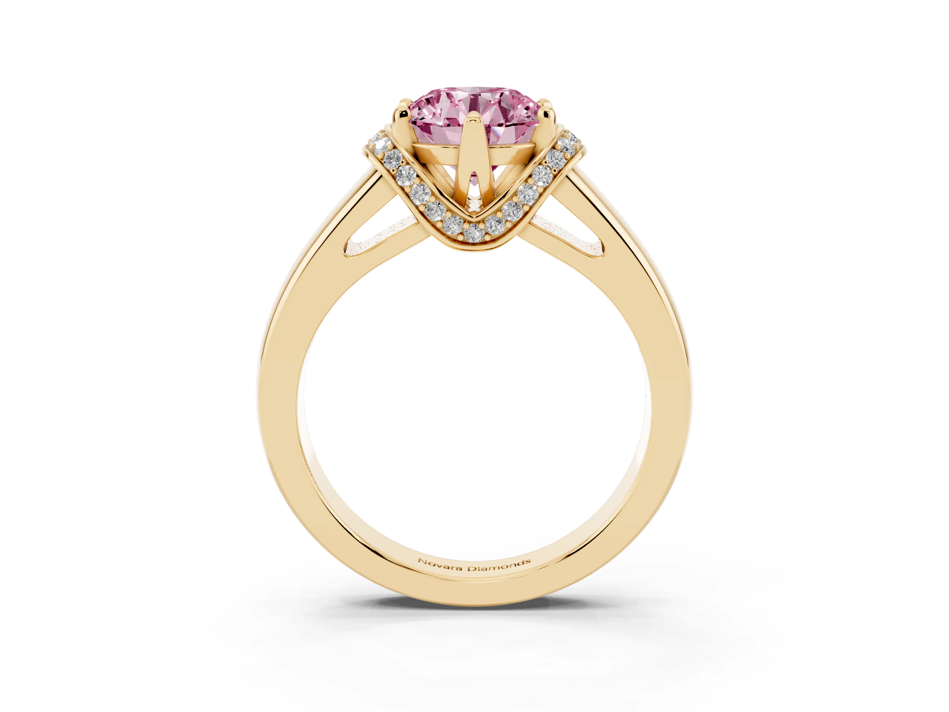 Fancy Pink Round Cut Diamond Pavé Band Solitaire Ring Set in Yellow gold with Prong Setting