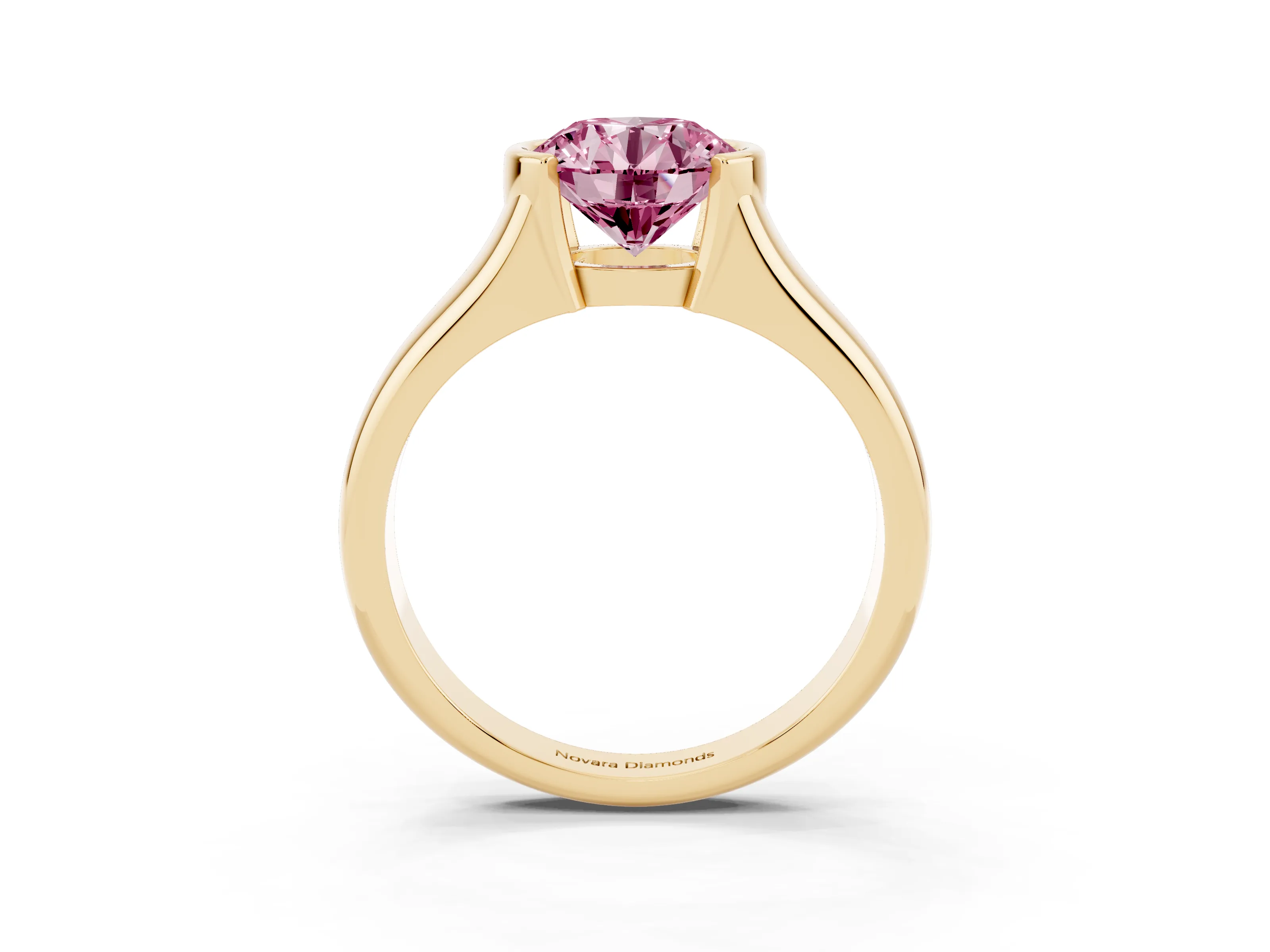 Fancy Pink Round Cut Diamond Solitaire Tension Set Ring Set in Yellow gold with Split Shank Band