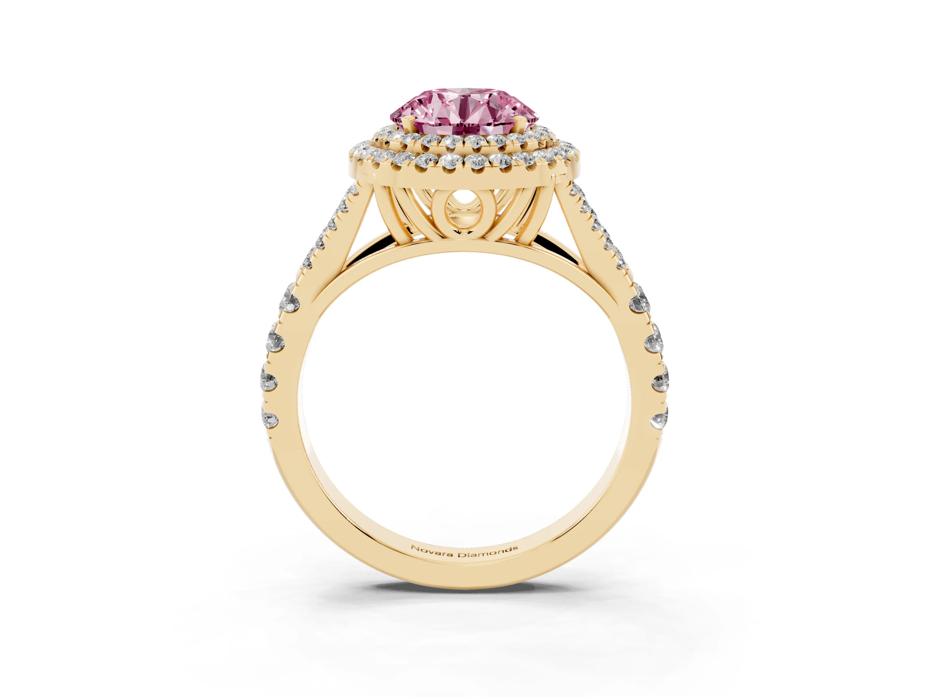 Fancy Pink Round Cut Diamond Pavé Split Shank Double Halo Engagement Ring Set in Yellow gold