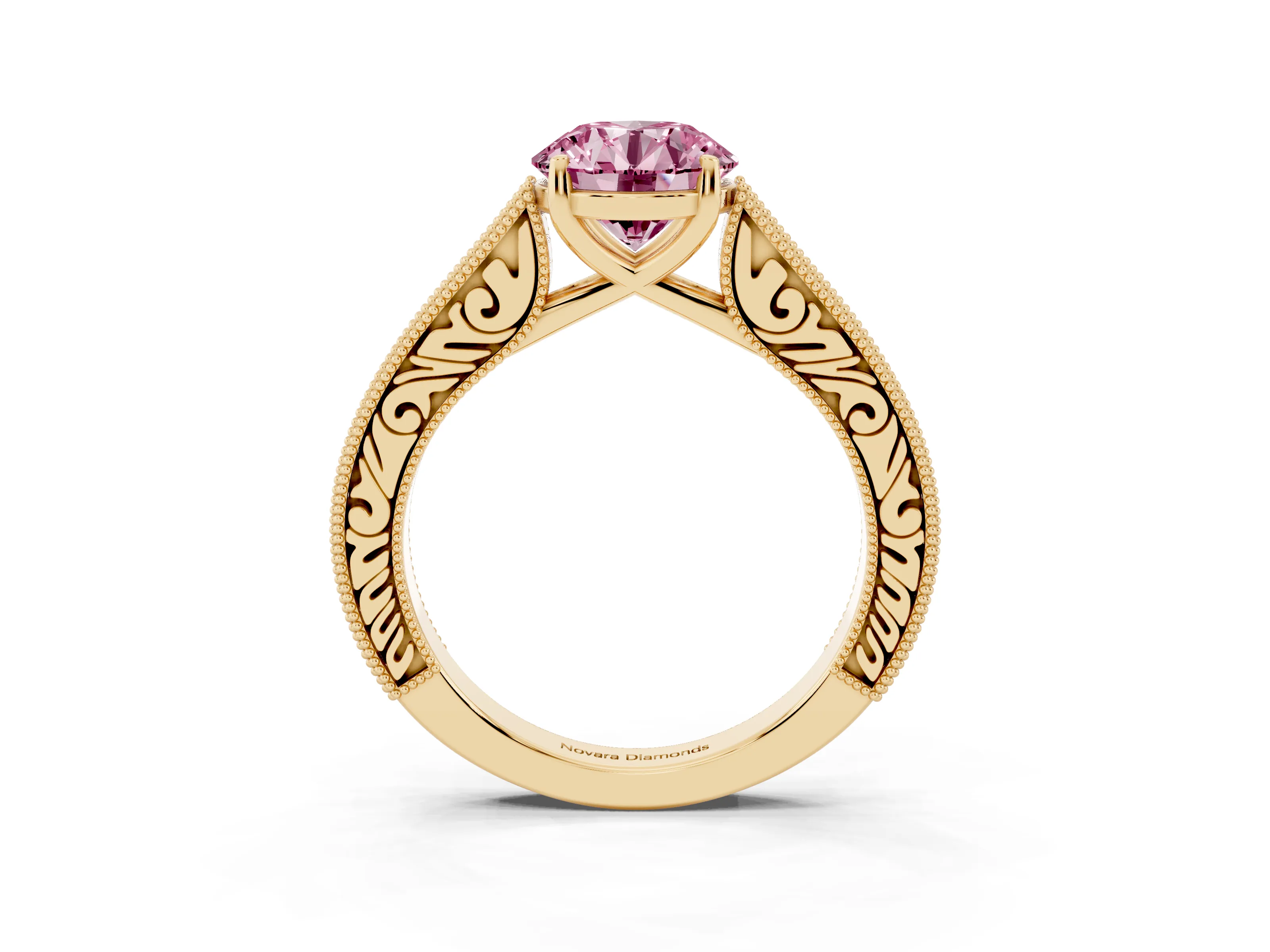 Fancy Pink Round Cut Diamond Milgrain Pavé Band Solitaire Ring Set in Yellow gold with Prong Setting