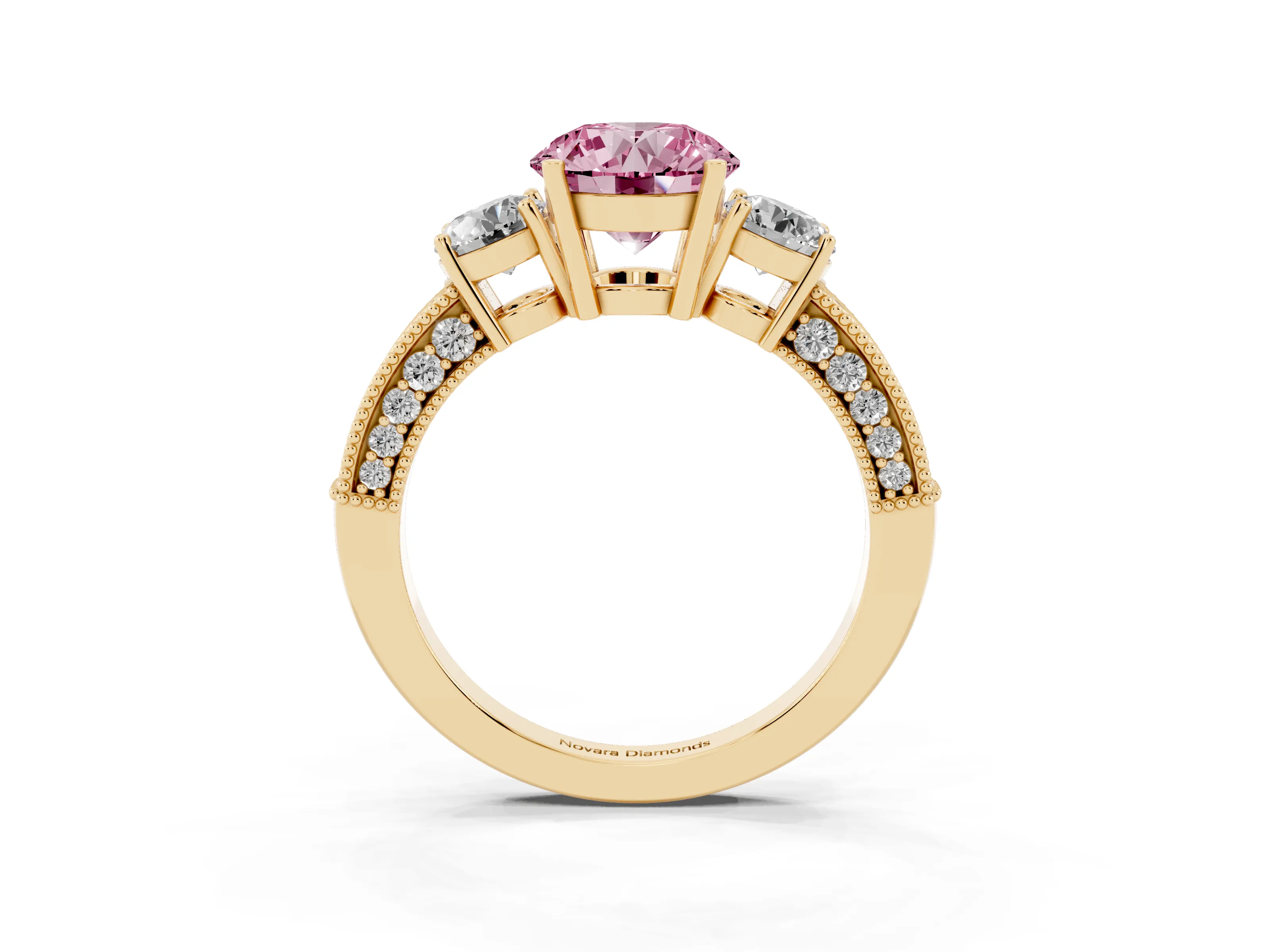 Fancy Pink Round Cut Diamond Three-Stone Ring Set in Yellow gold with Round Side Stones and Pavé Band
