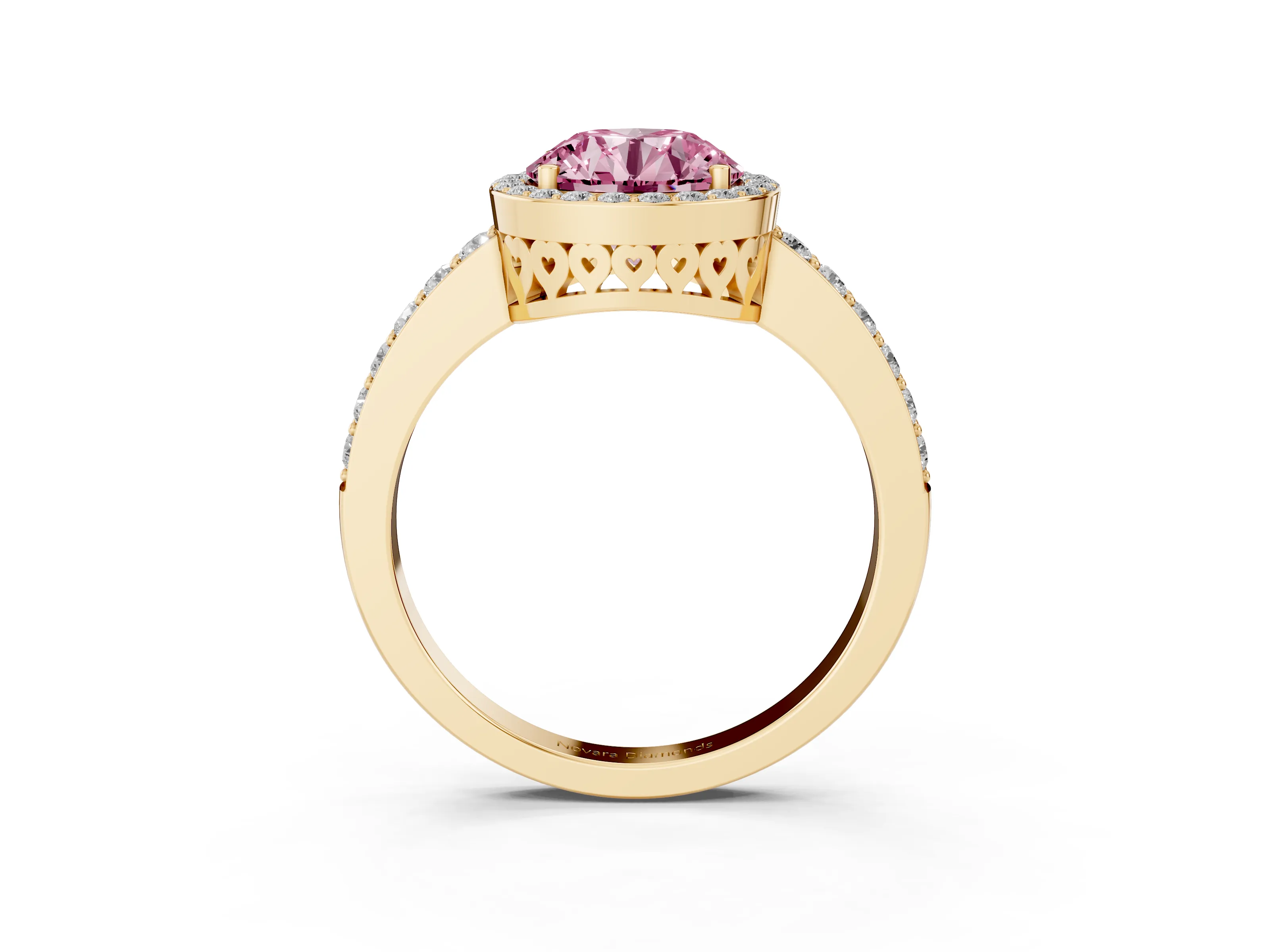 Fancy Pink Round Cut Diamond Halo Ring Set in Yellow gold with Pavé-Setting Band and Open Prong Center