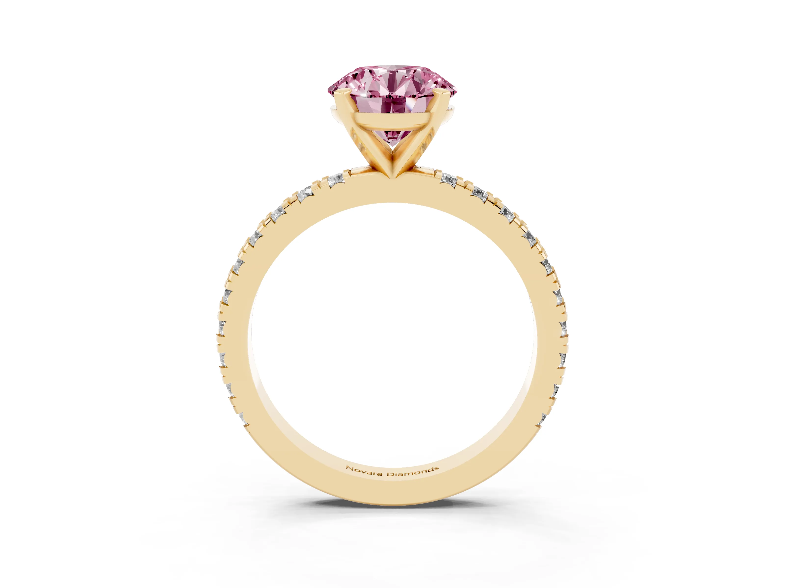 Fancy Pink Round Cut Diamond Pavé Band Solitaire Set in Yellow gold with Prong Setting